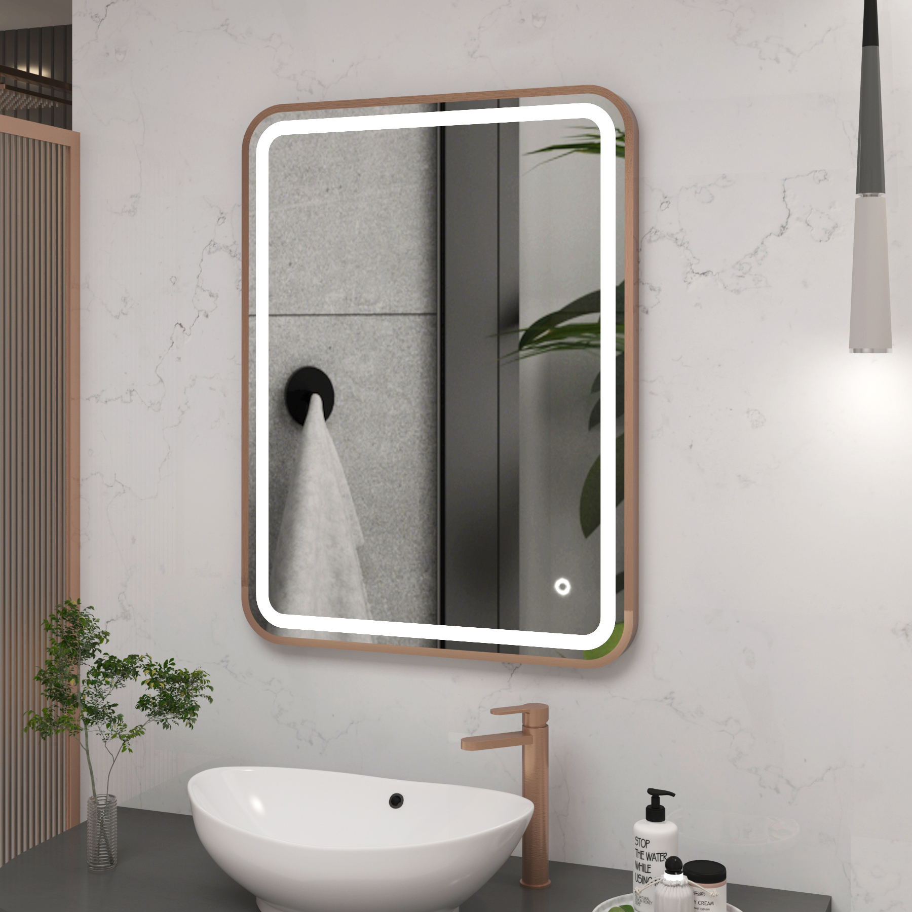 Luna 600 x 800mm Brushed Bronze Frontlit LED Illuminated Framed Mirror with Demister Pad & Touch Sensor