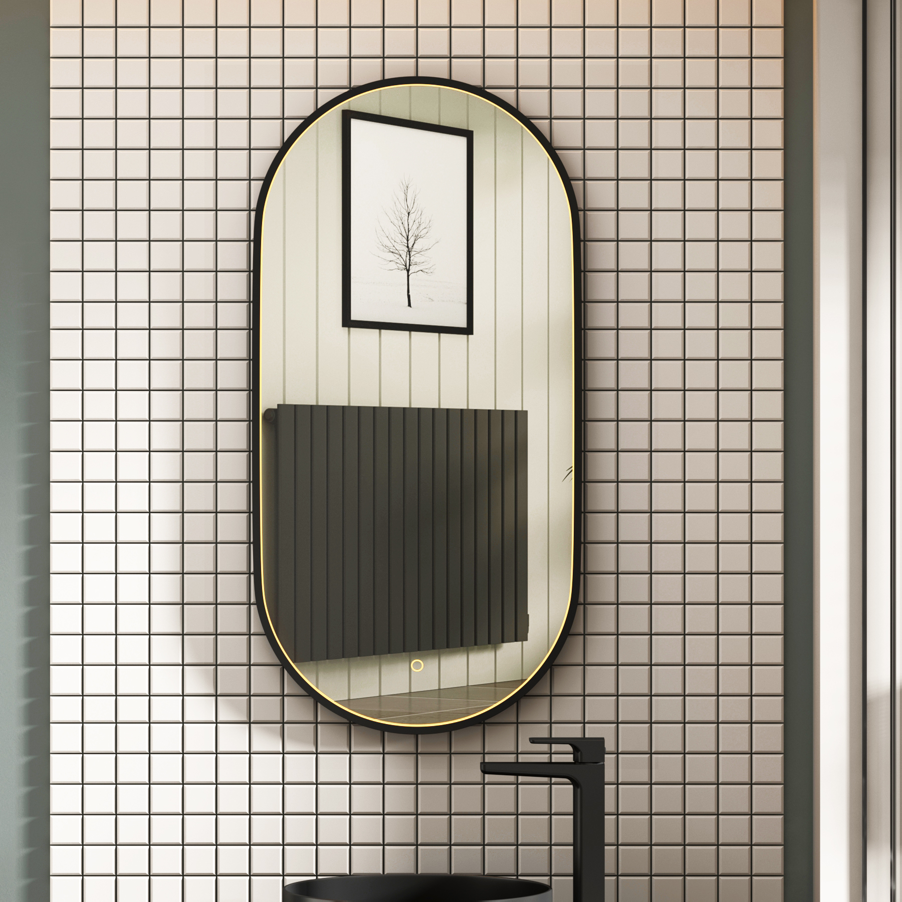 Luxor 900 x 450mm Matt Black Framed Capsule Mirror Within Frame LED, Touch Sensor & Demister Pad