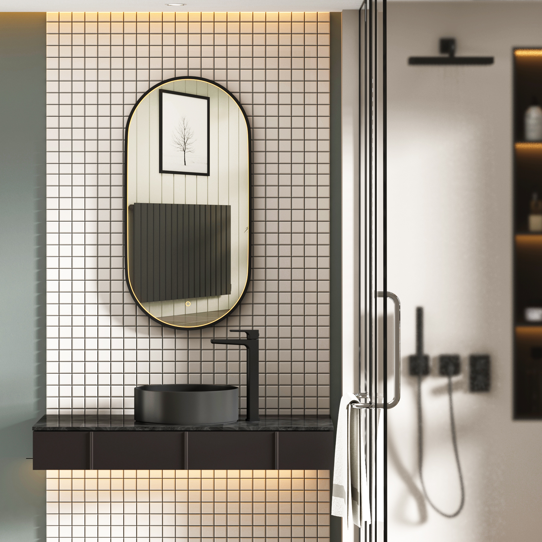 Luxor 900 x 450mm Matt Black Framed Capsule Mirror Within Frame LED, Touch Sensor & Demister Pad
