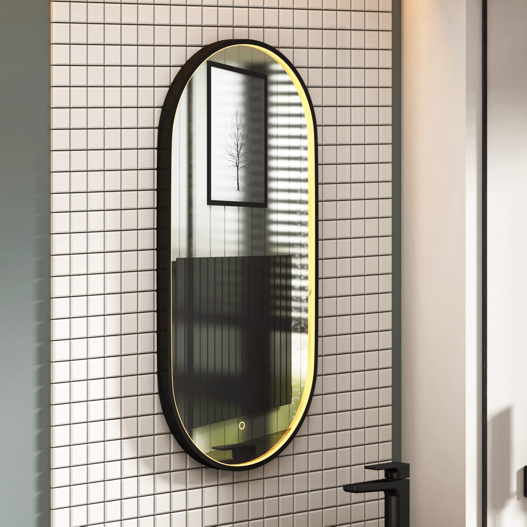 Luxor 900 x 450mm Matt Black Framed Capsule Mirror Within Frame LED, Touch Sensor & Demister Pad