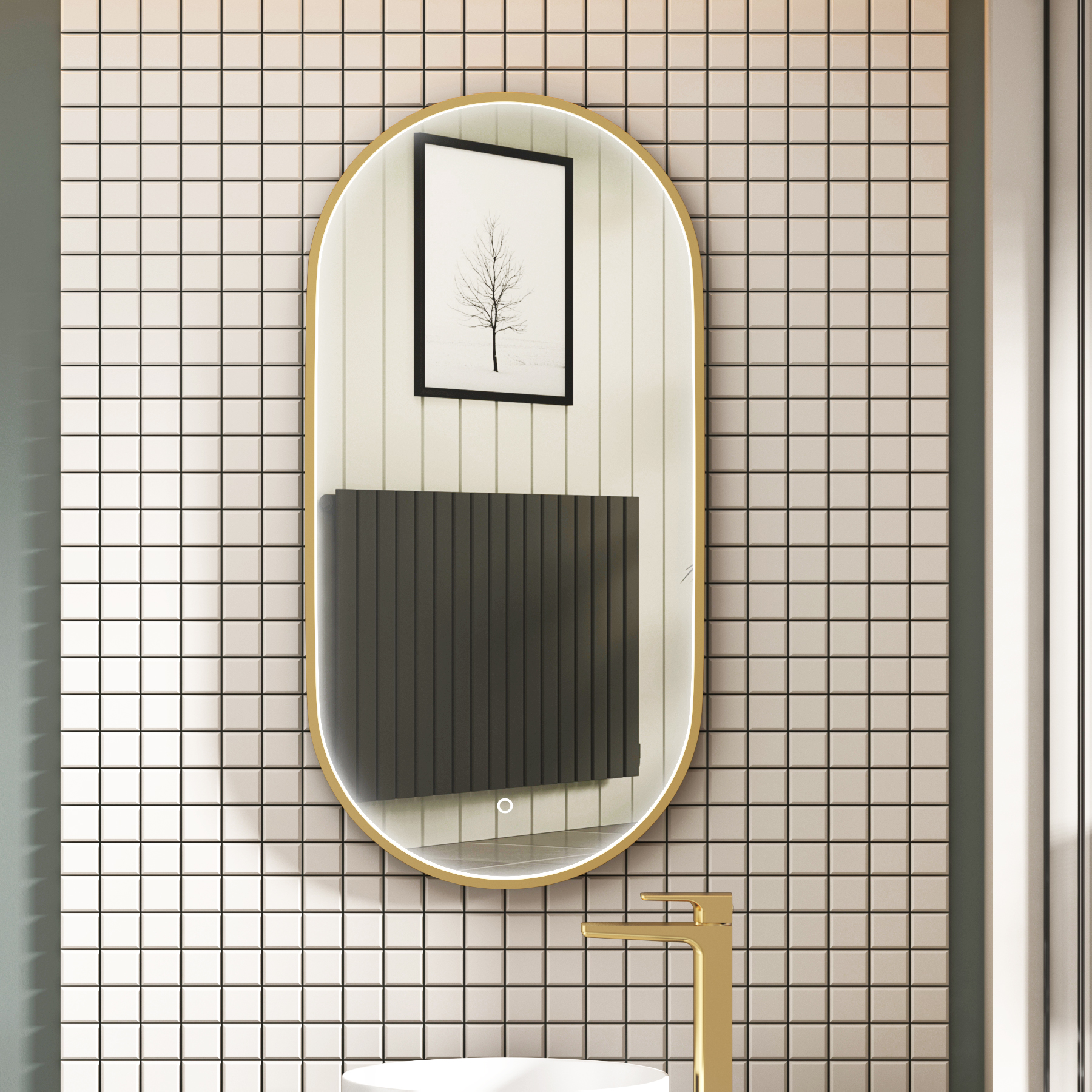 Luxor 900 x 450mm Brushed Brass Framed Capsule Mirror Within Frame LED, Touch Sensor & Demister Pad