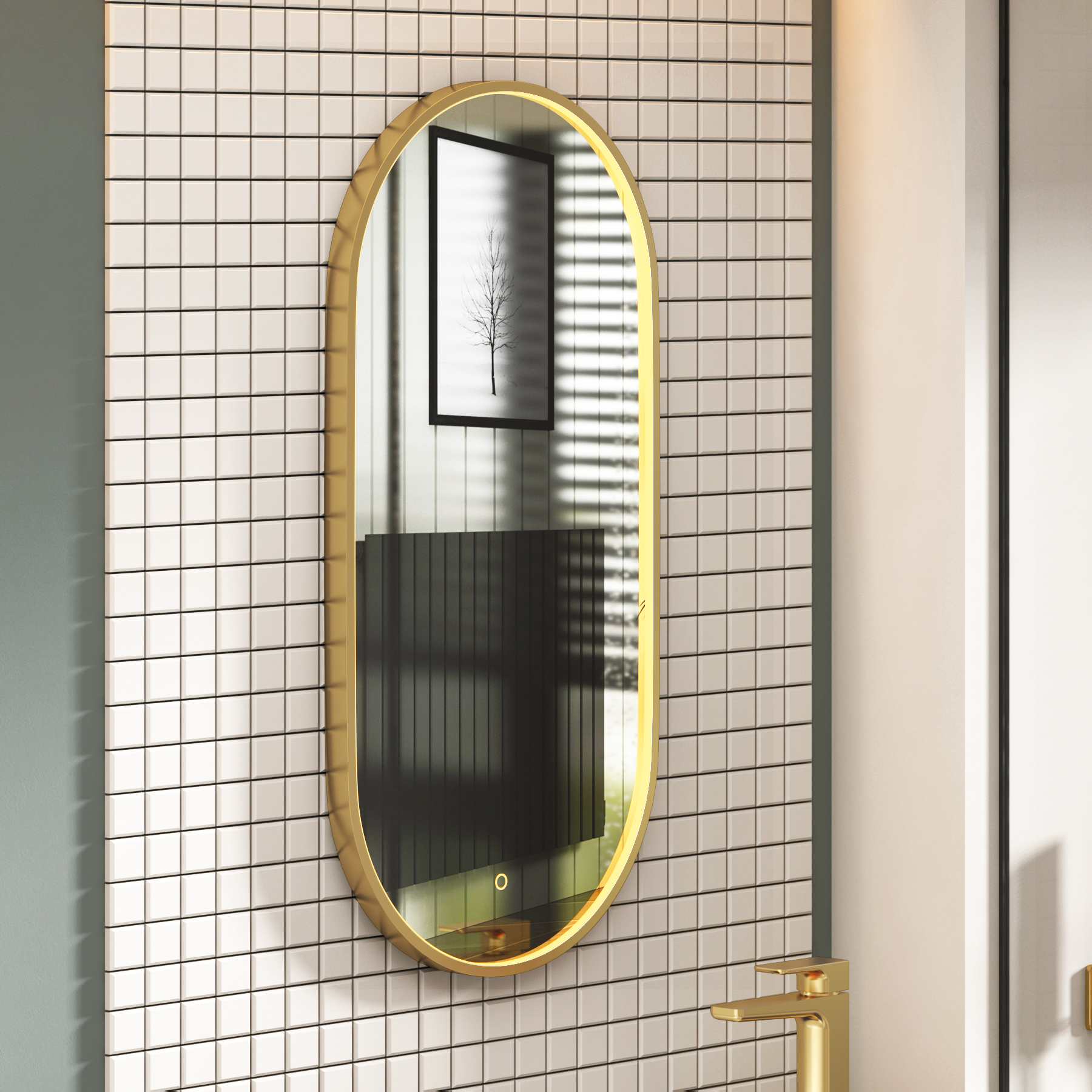 Luxor 900 x 450mm Brushed Brass Framed Capsule Mirror Within Frame LED, Touch Sensor & Demister Pad