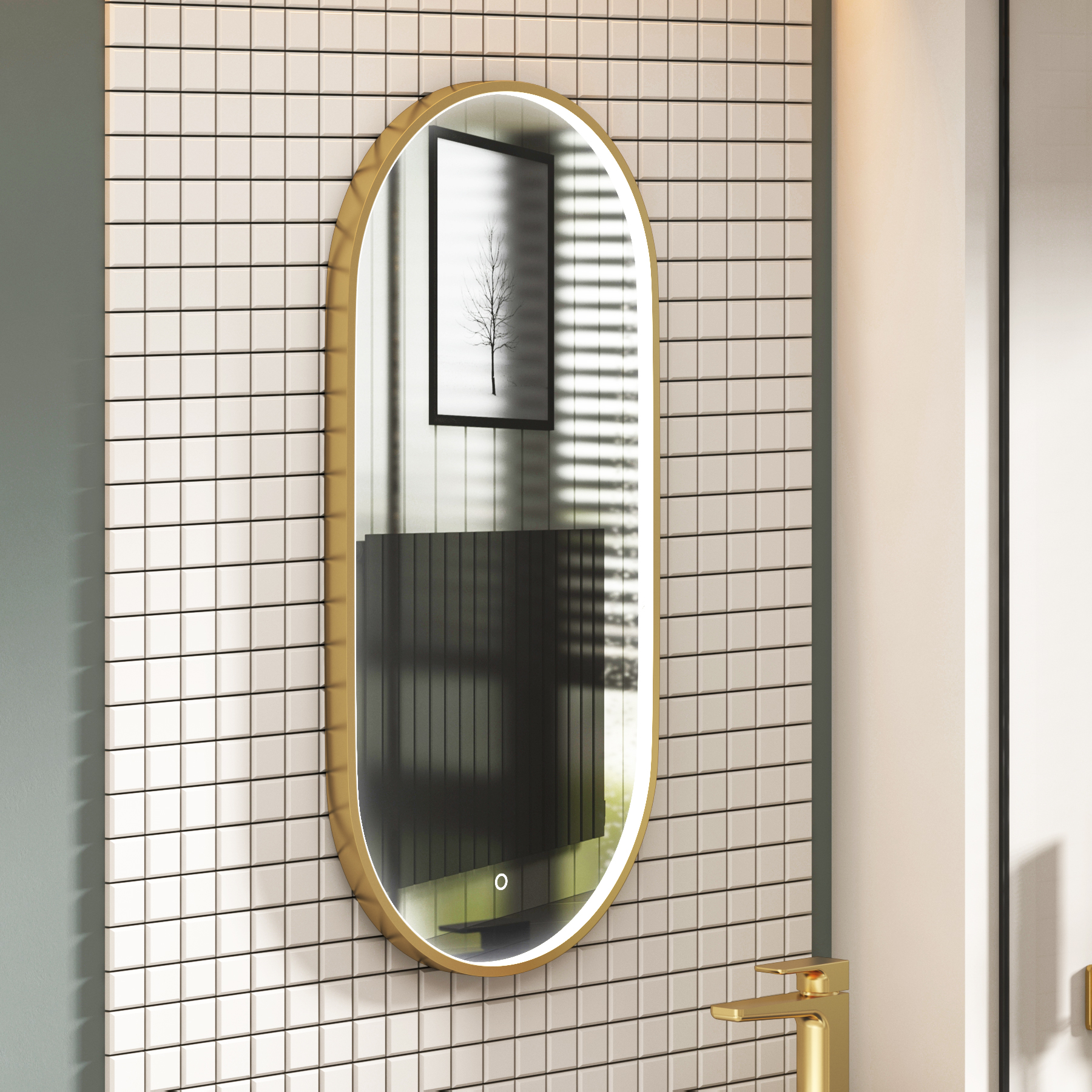 Luxor 900 x 450mm Brushed Brass Framed Capsule Mirror Within Frame LED, Touch Sensor & Demister Pad