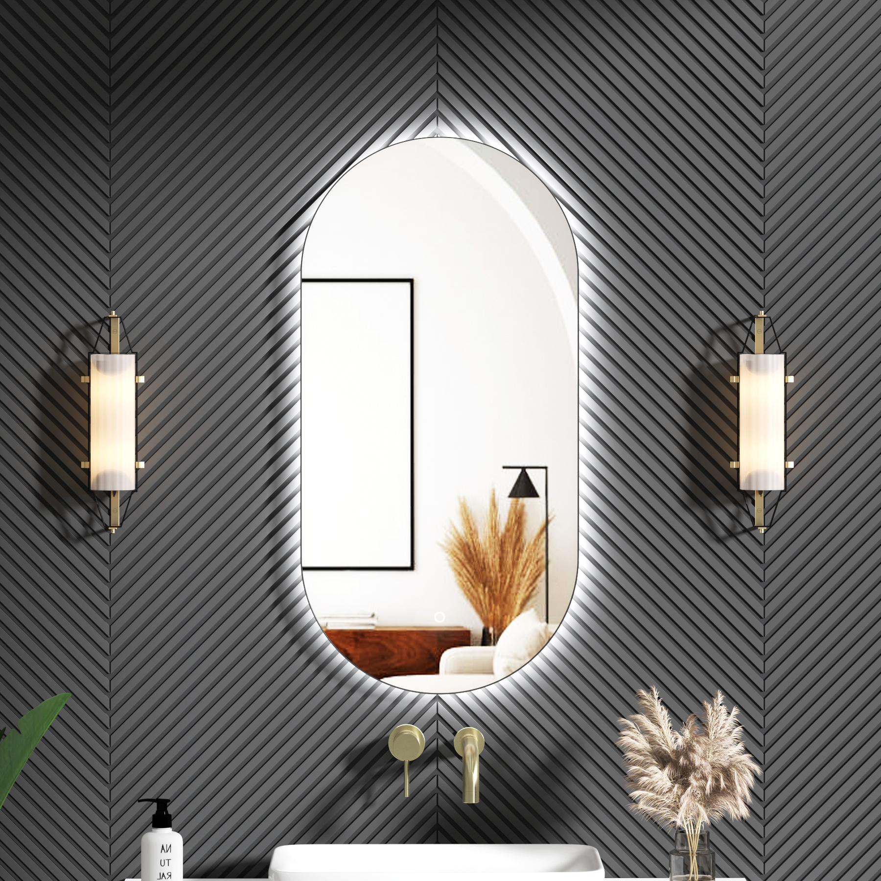 Luton 900 x 450mm Matt Black Backlit LED Illuminated Framed Mirror with Demister Pad & Touch Sensor - Capsule