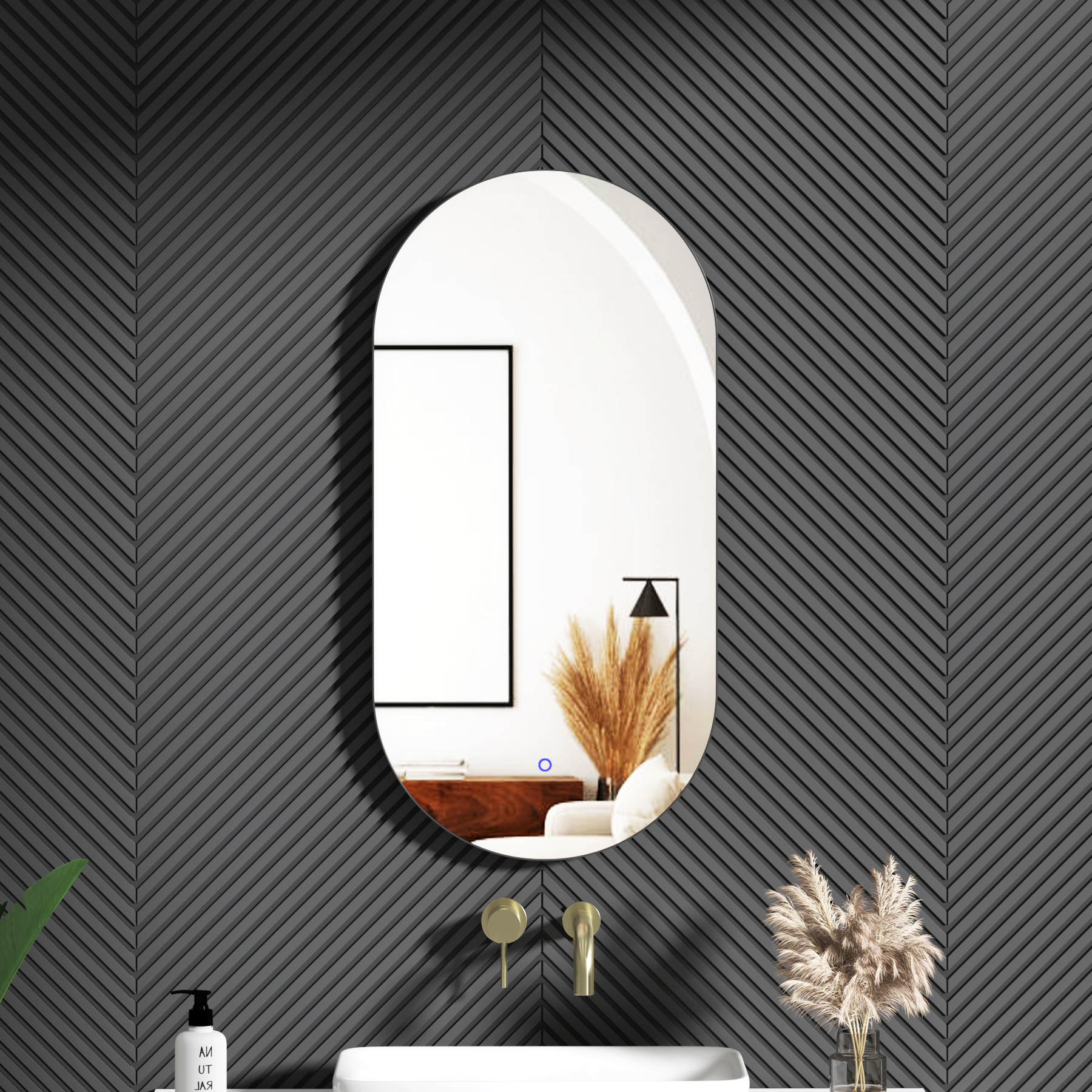 Luton 900 x 450mm Matt Black Backlit LED Illuminated Framed Mirror with Demister Pad & Touch Sensor - Capsule
