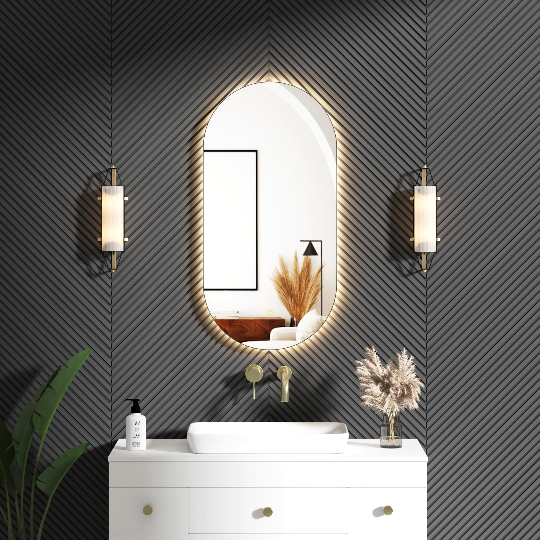 Luton 900 x 450mm Matt Black Backlit LED Illuminated Framed Mirror with Demister Pad & Touch Sensor - Capsule
