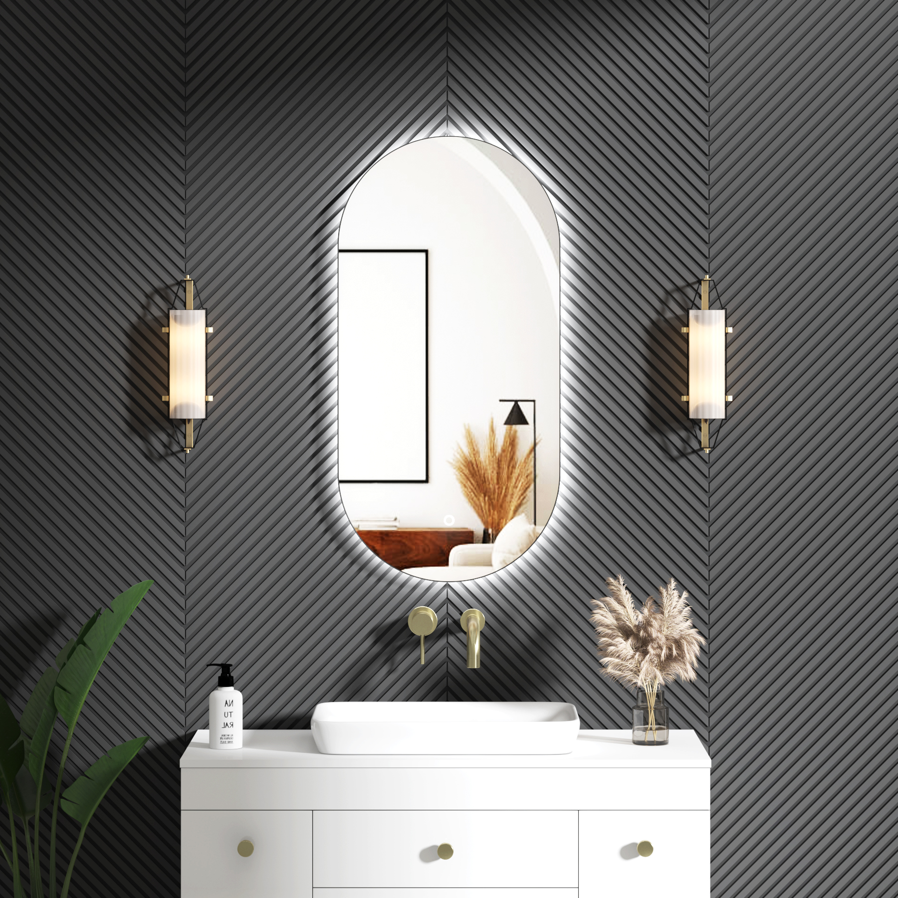 Luton 900 x 450mm Matt Black Backlit LED Illuminated Framed Mirror with Demister Pad & Touch Sensor - Capsule