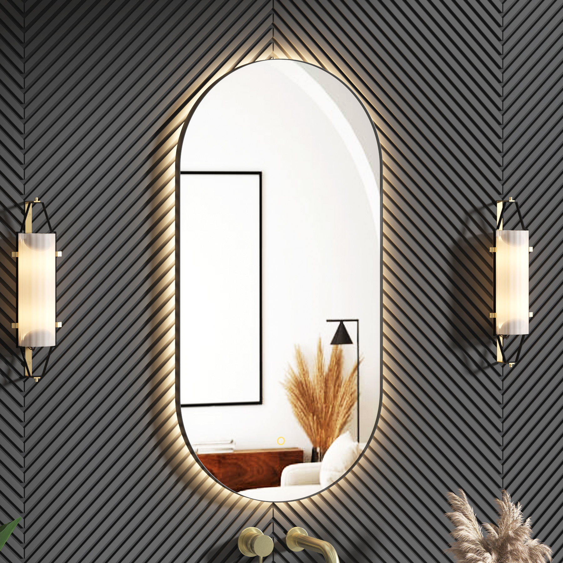 Luton 450 x 900mm Backlit LED Illuminated Framed Capsule Mirror with Demister Pad & Touch Sensor - Multiple Colours