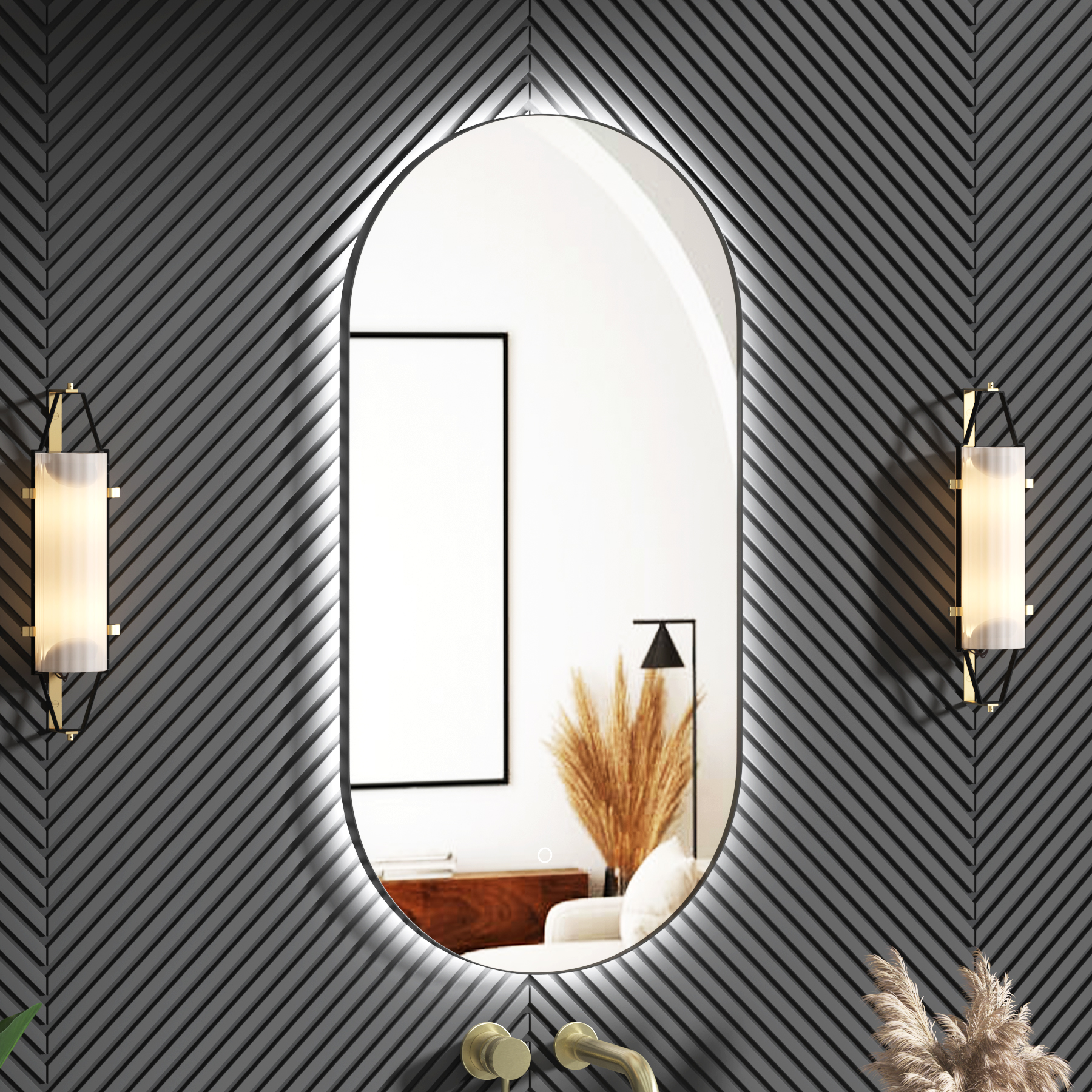 Luton 900 x 450mm Matt Black Backlit LED Illuminated Framed Mirror with Demister Pad & Touch Sensor - Capsule