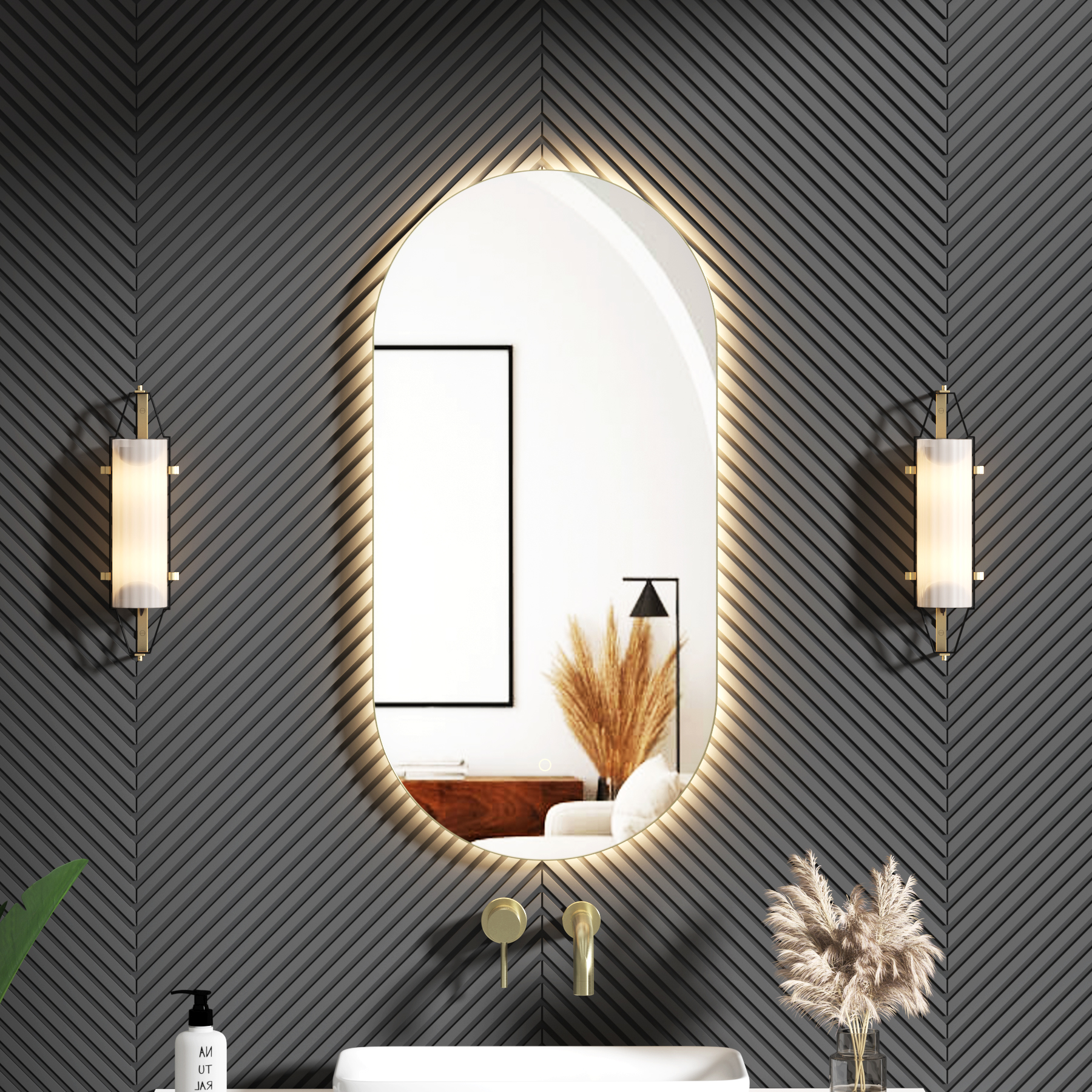 Luton 900 x 450mm Brushed Brass Backlit LED Illuminated Framed Mirror with Demister Pad & Touch Sensor - Capsule