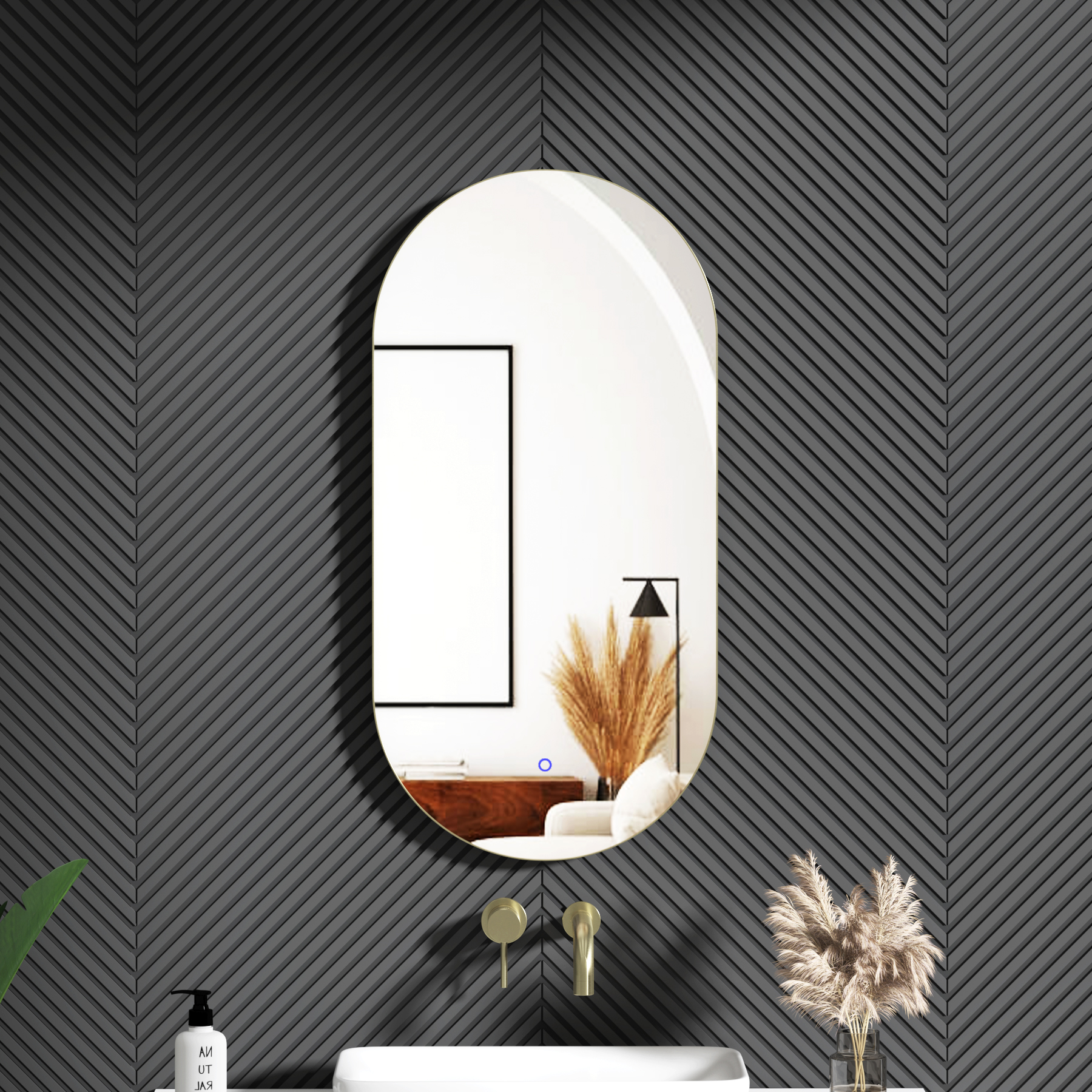 Luton 900 x 450mm Brushed Brass Backlit LED Illuminated Framed Mirror with Demister Pad & Touch Sensor - Capsule