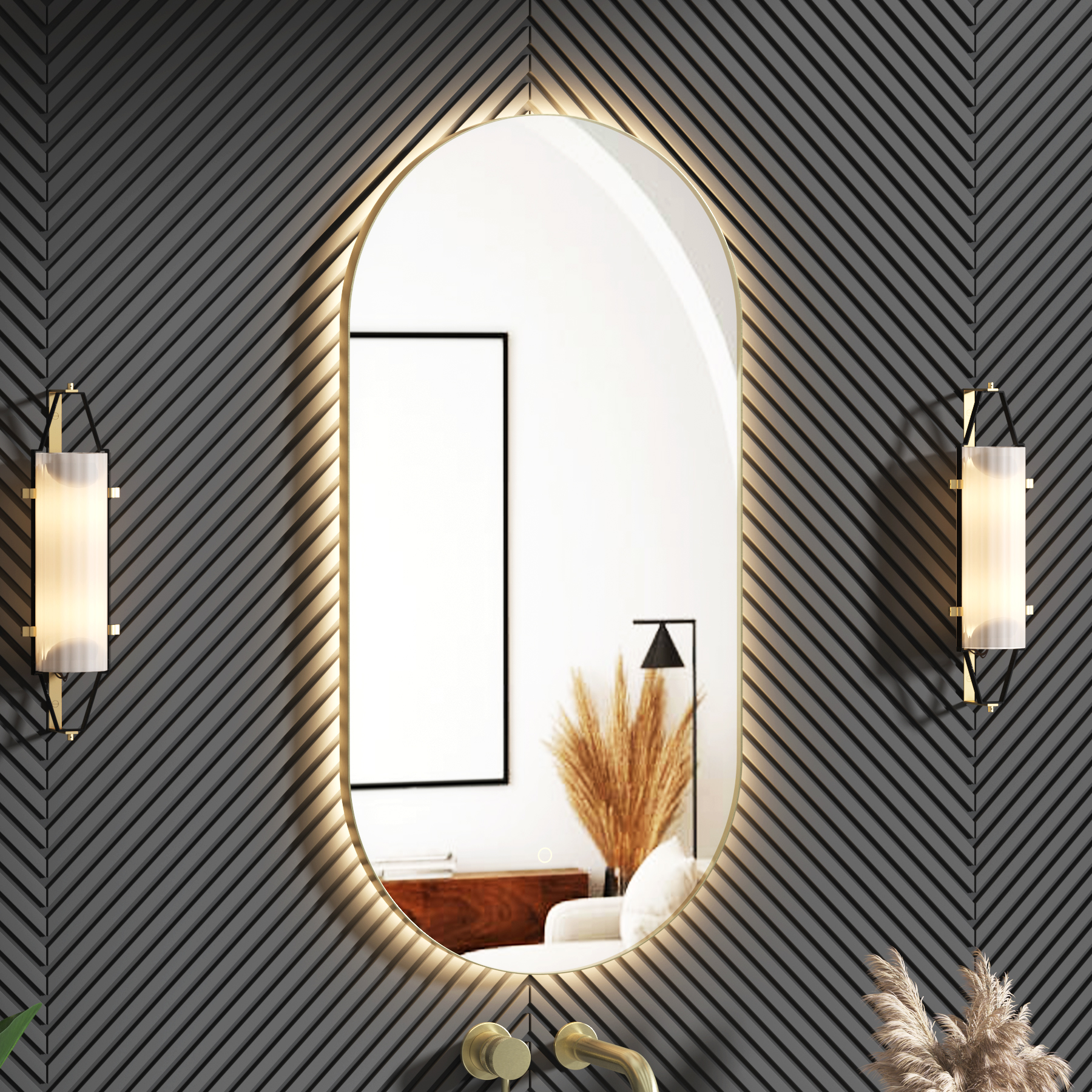 Luton 450 x 900mm Backlit LED Illuminated Framed Capsule Mirror with Demister Pad & Touch Sensor - Multiple Colours