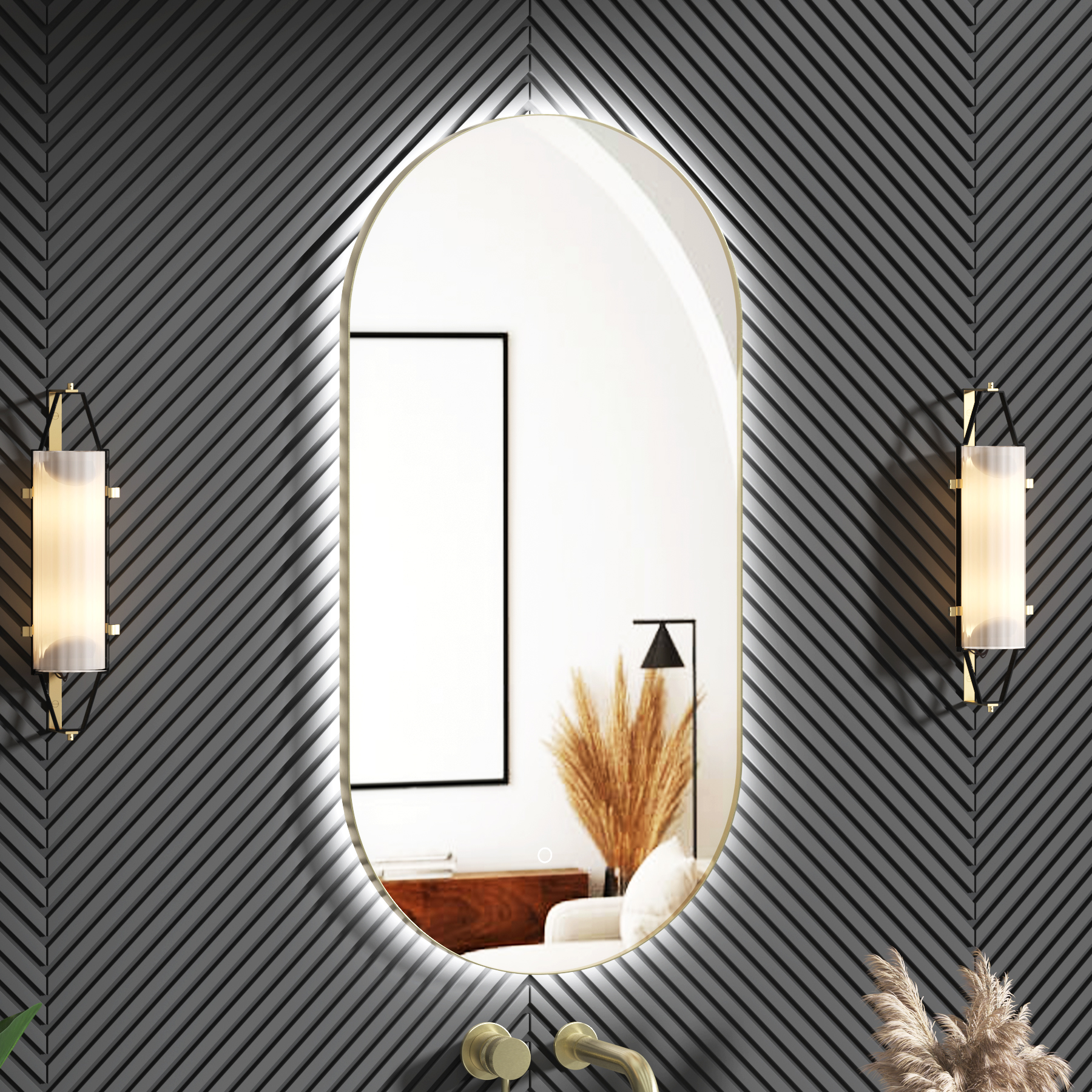 Luton 900 x 450mm Brushed Brass Backlit LED Illuminated Framed Mirror with Demister Pad & Touch Sensor - Capsule