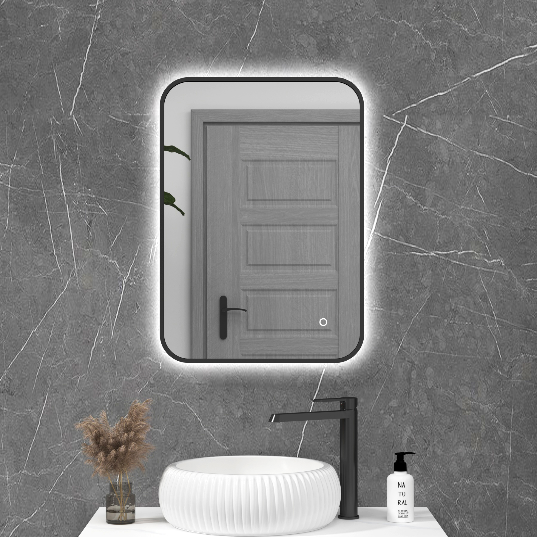 Luton Matt Black Backlit Framed LED Illuminated Rectangular Bathroom Mirror with Touch Sensor & Anti-Fog