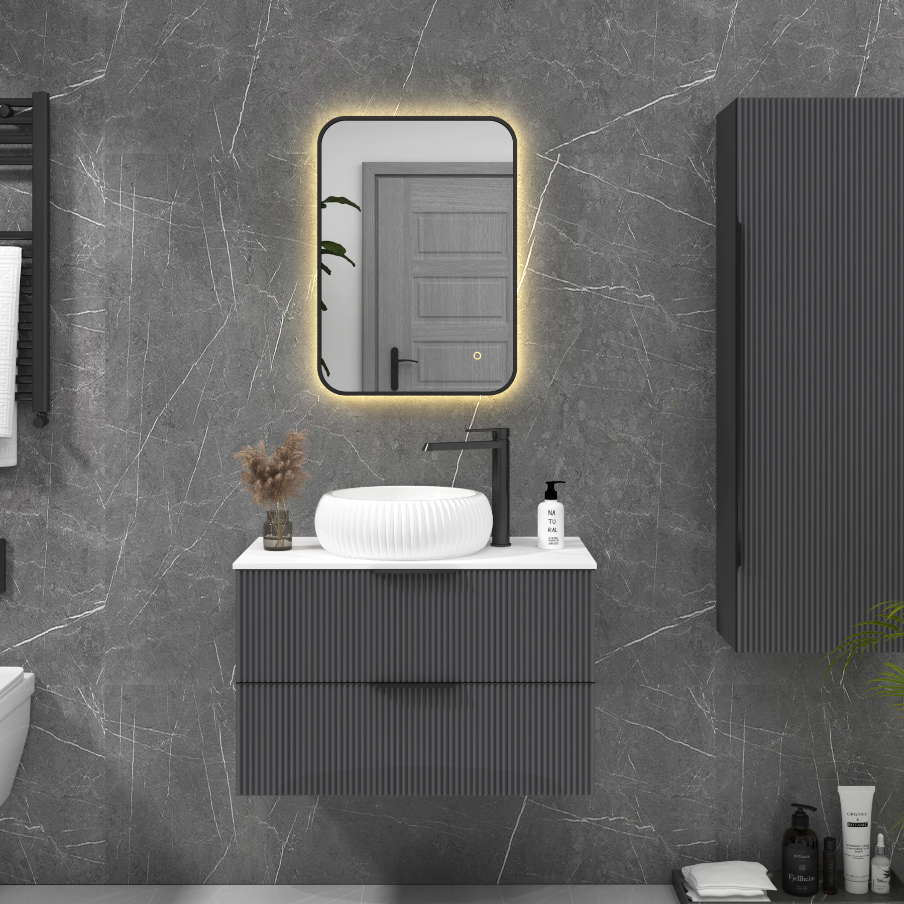 Luton Matt Black Backlit Framed LED Illuminated Rectangular Bathroom Mirror with Touch Sensor & Anti-Fog