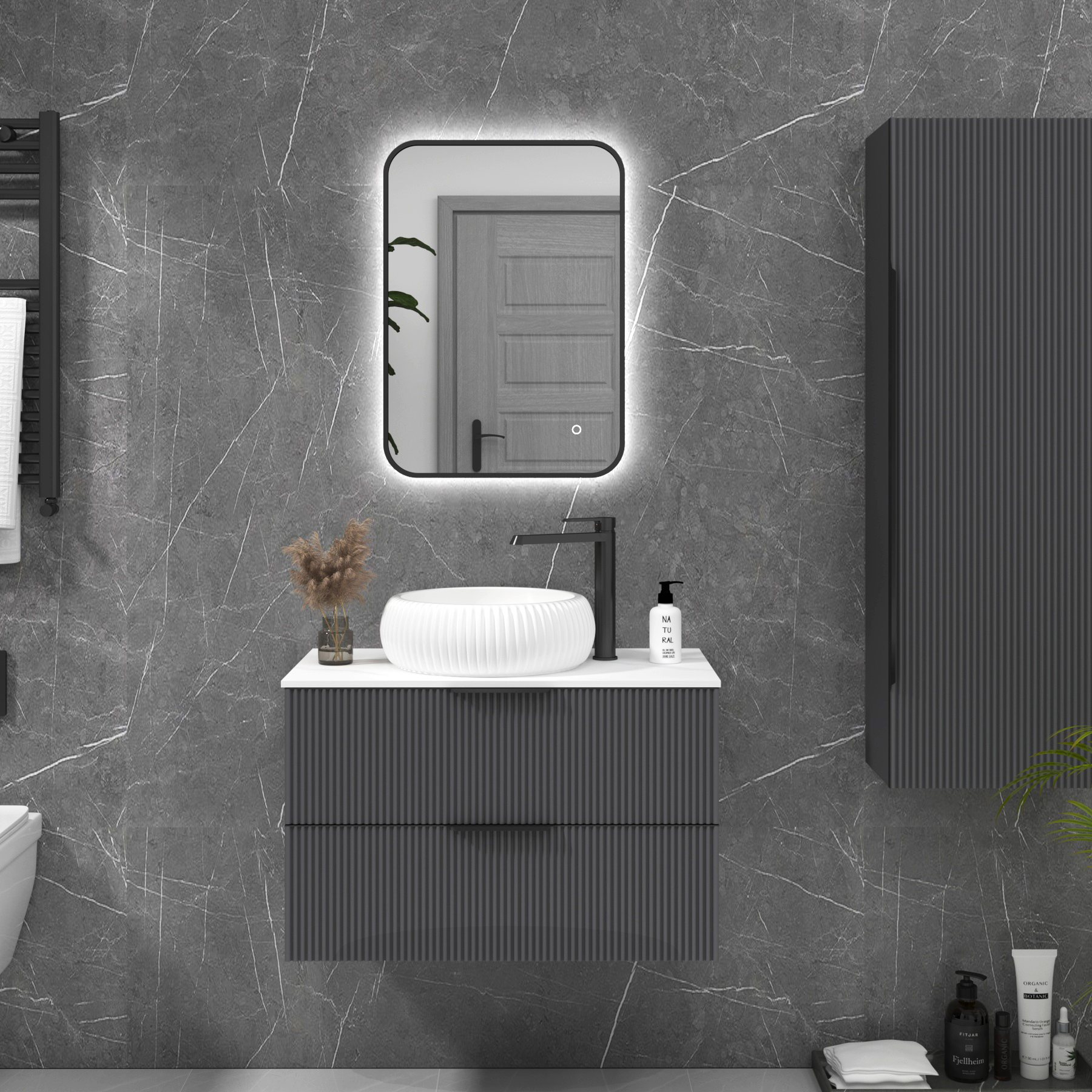 Luton Matt Black Backlit Framed LED Illuminated Rectangular Bathroom Mirror with Touch Sensor & Anti-Fog