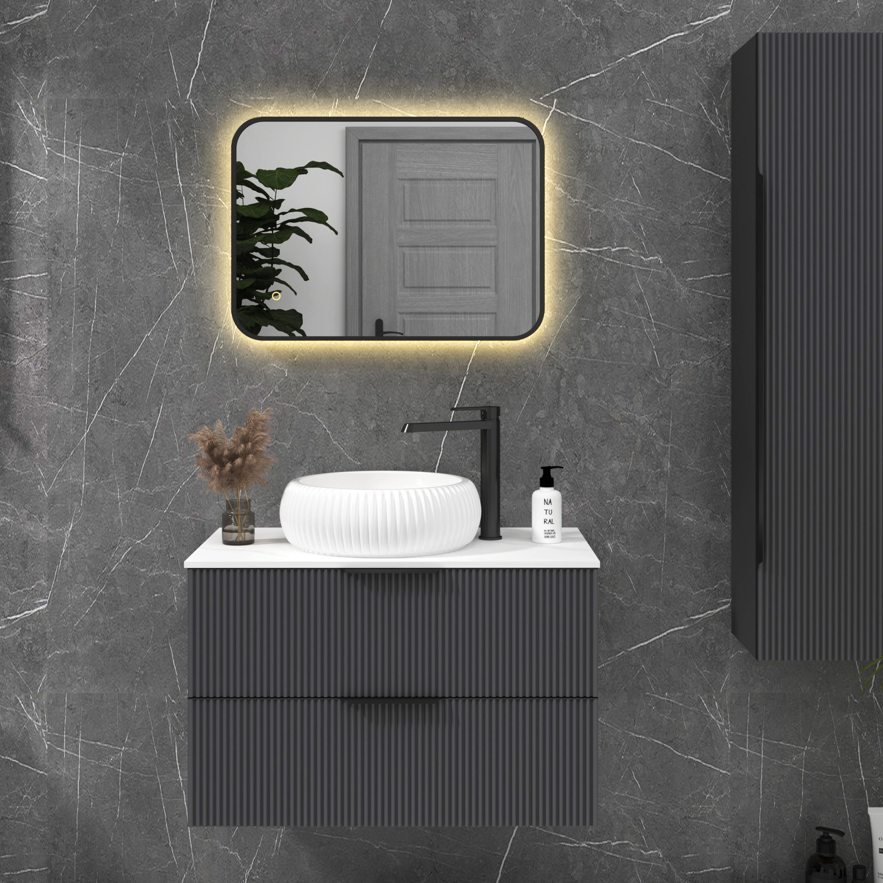 Luton Matt Black Backlit Framed LED Illuminated Rectangular Bathroom Mirror with Touch Sensor & Anti-Fog