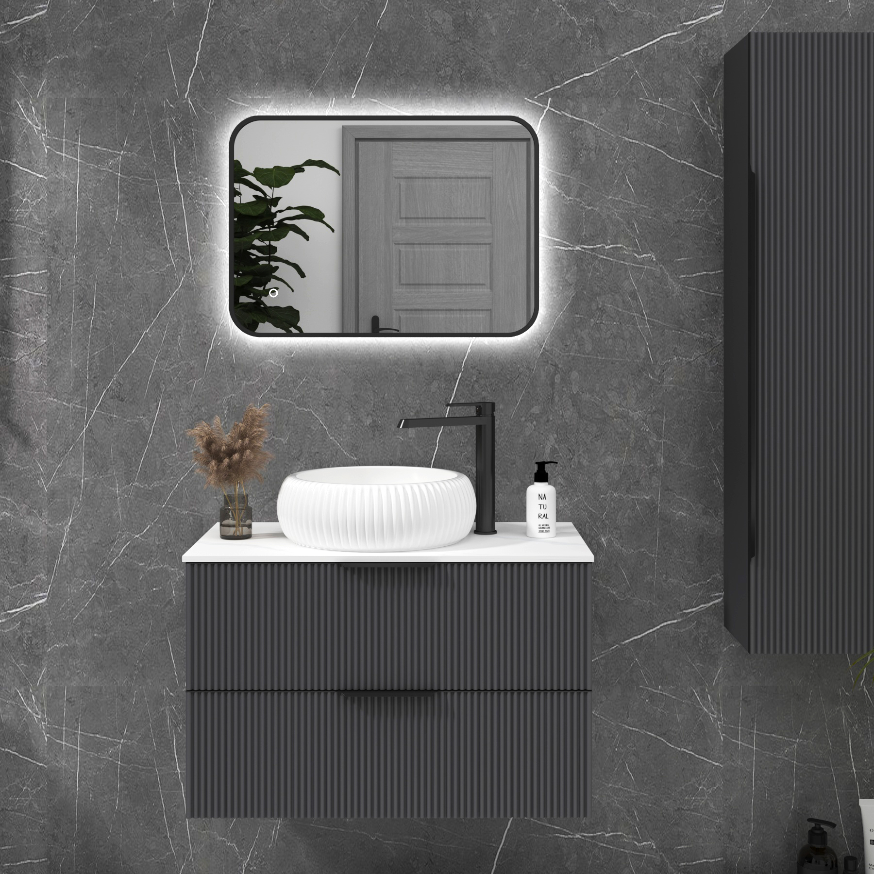 Luton Matt Black Backlit Framed LED Illuminated Rectangular Bathroom Mirror with Touch Sensor & Anti-Fog