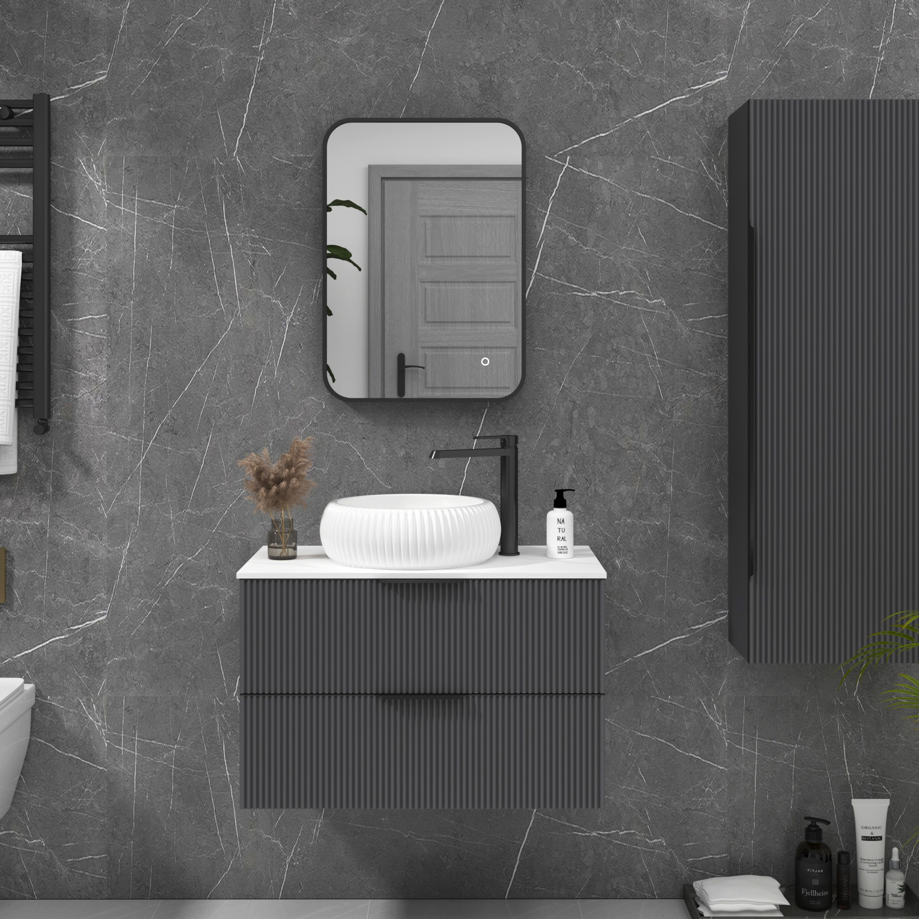 Luton Matt Black Backlit Framed LED Illuminated Rectangular Bathroom Mirror with Touch Sensor & Anti-Fog
