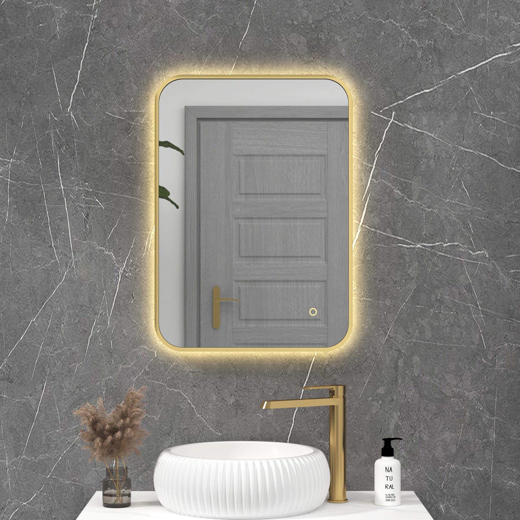 Luton 500 x 700mm Brushed Brass Backlit Framed LED Illuminated Rectangular Bathroom Mirror with Touch Sensor & Anti-Fog