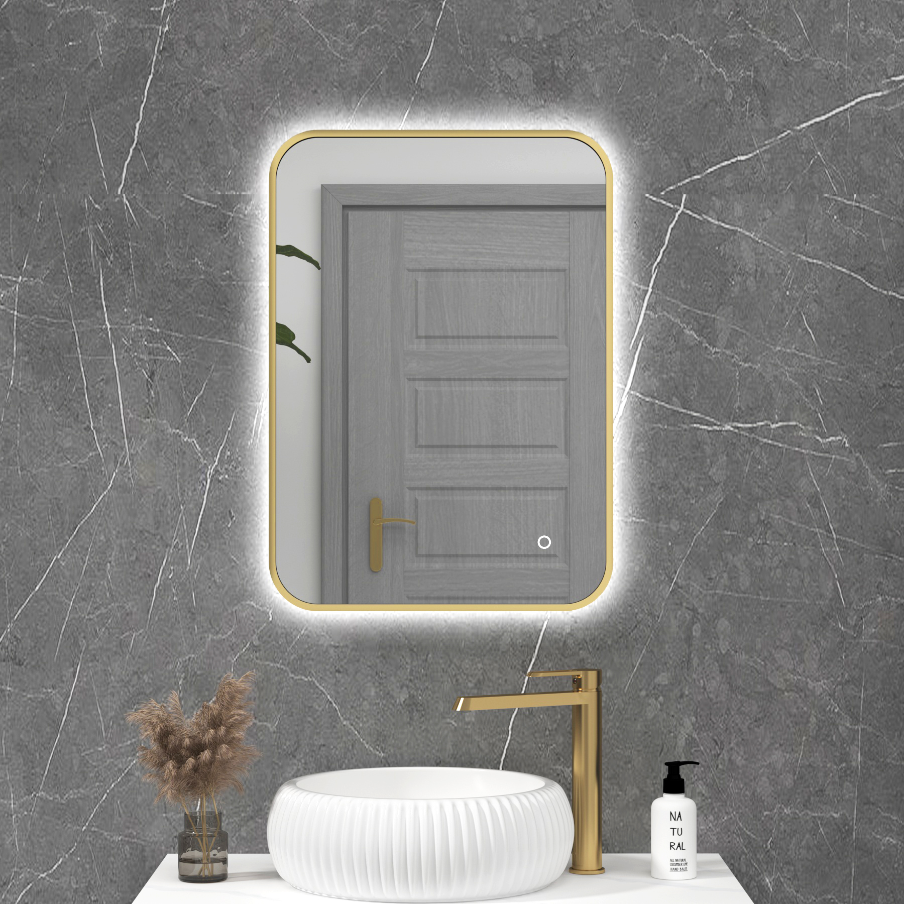 Luton Brushed Brass Backlit Framed LED Illuminated Rectangular Bathroom Mirror with Touch Sensor & Anti-Fog