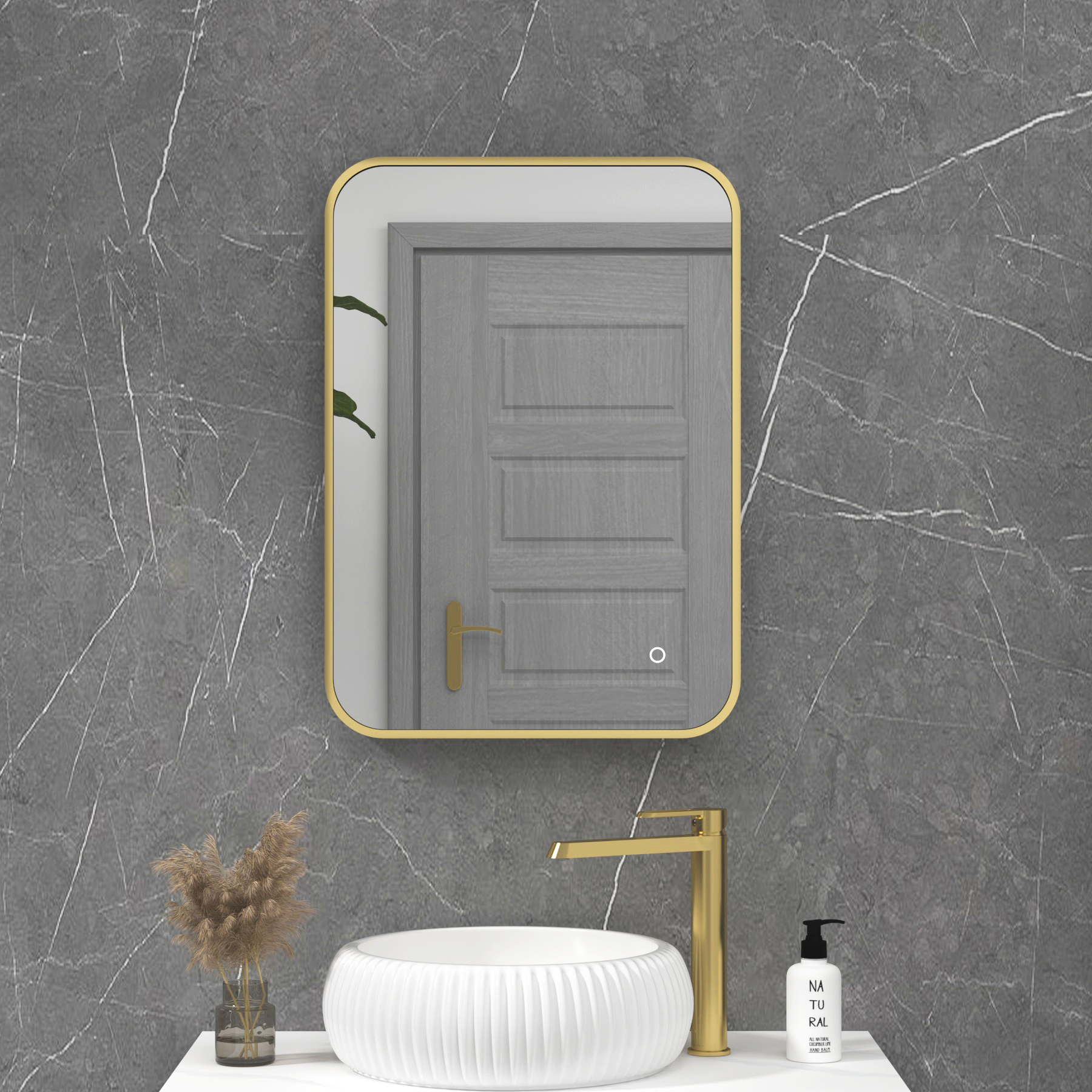 Luton Brushed Brass Backlit Framed LED Illuminated Rectangular Bathroom Mirror with Touch Sensor & Anti-Fog