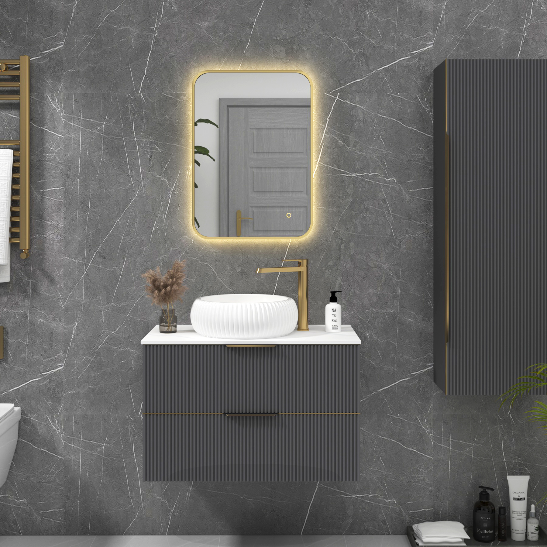 Luton Brushed Brass Backlit Framed LED Illuminated Rectangular Bathroom Mirror with Touch Sensor & Anti-Fog
