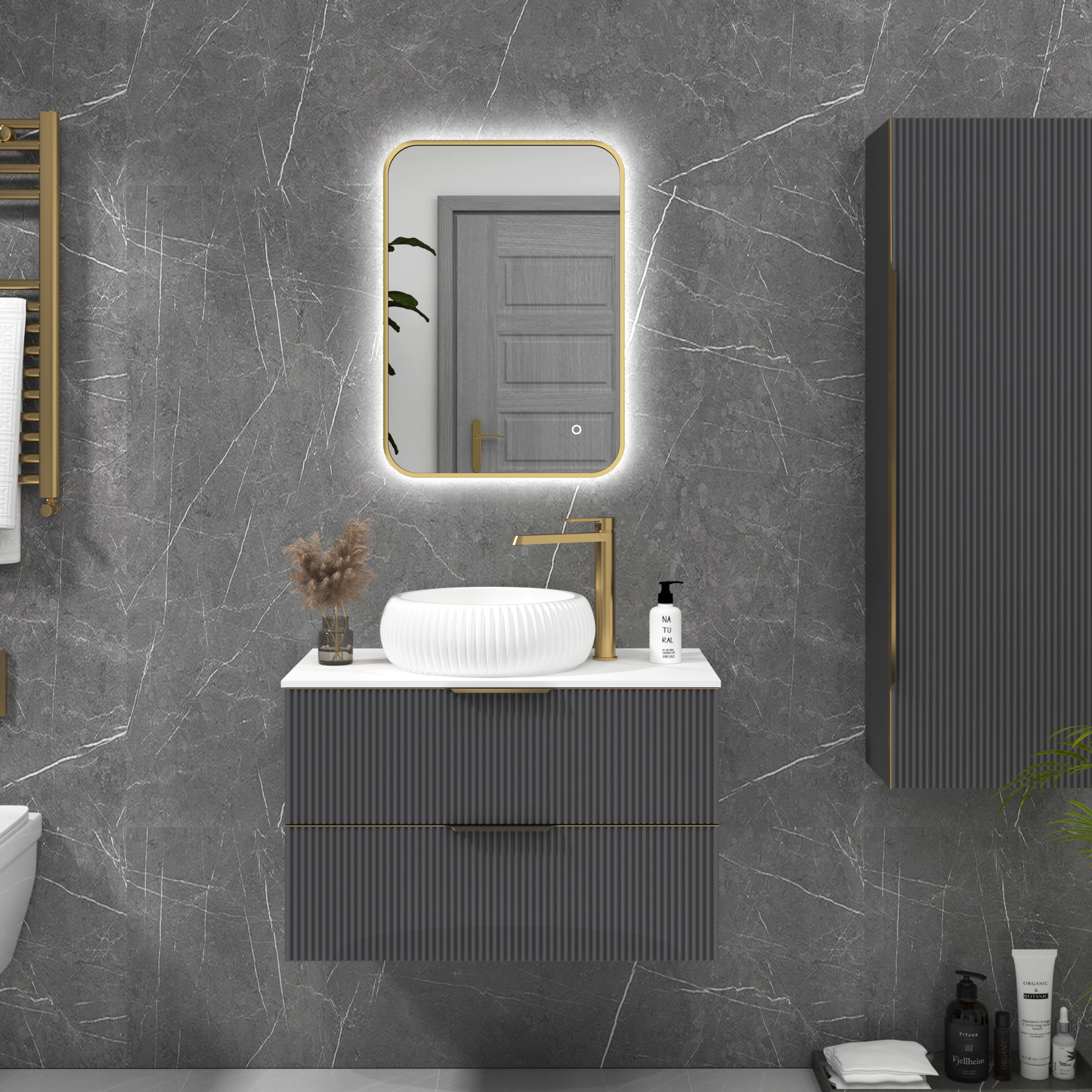 Luton Brushed Brass Backlit Framed LED Illuminated Rectangular Bathroom Mirror with Touch Sensor & Anti-Fog