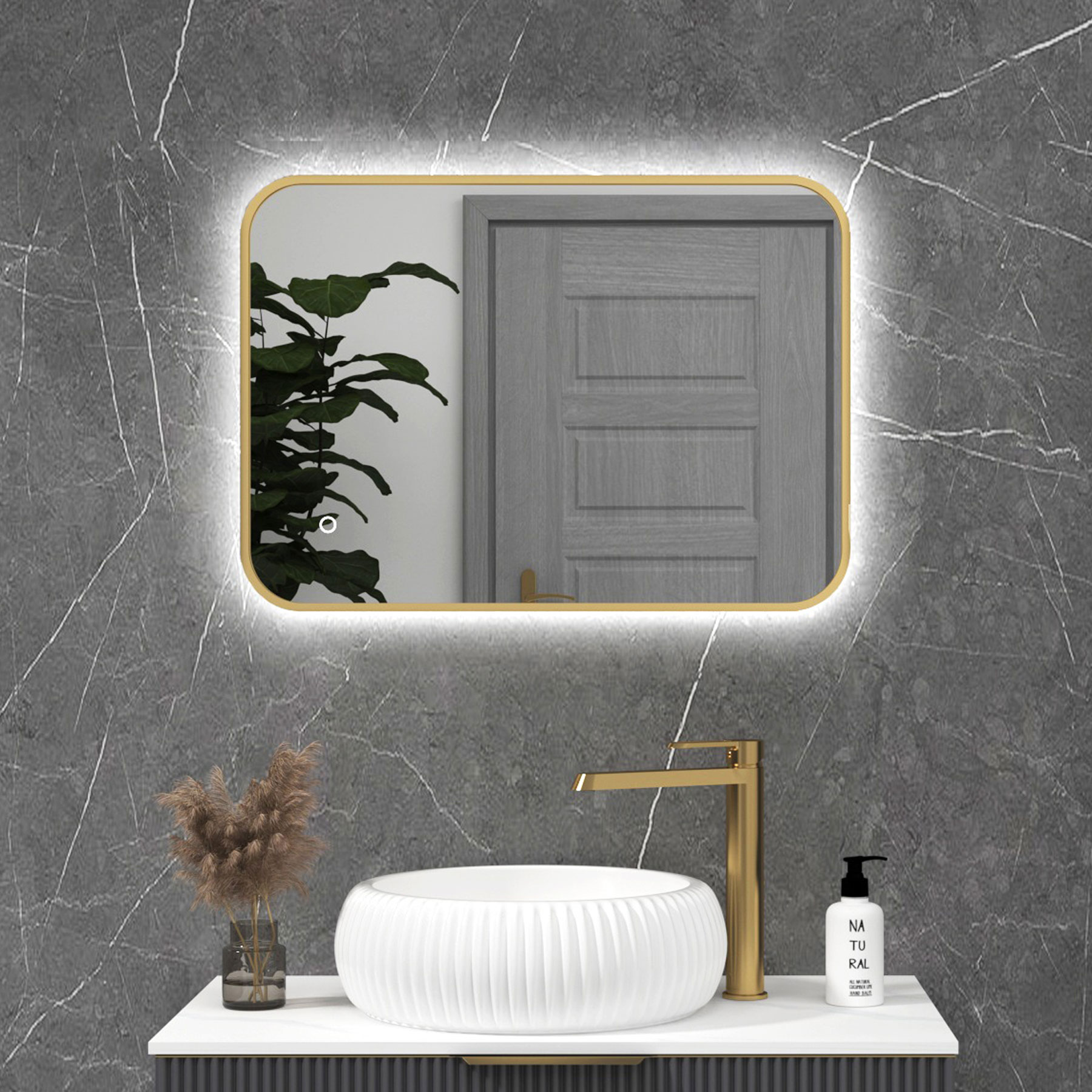 Luton 500 x 700mm Brushed Brass Backlit Framed LED Illuminated Rectangular Bathroom Mirror with Touch Sensor & Anti-Fog