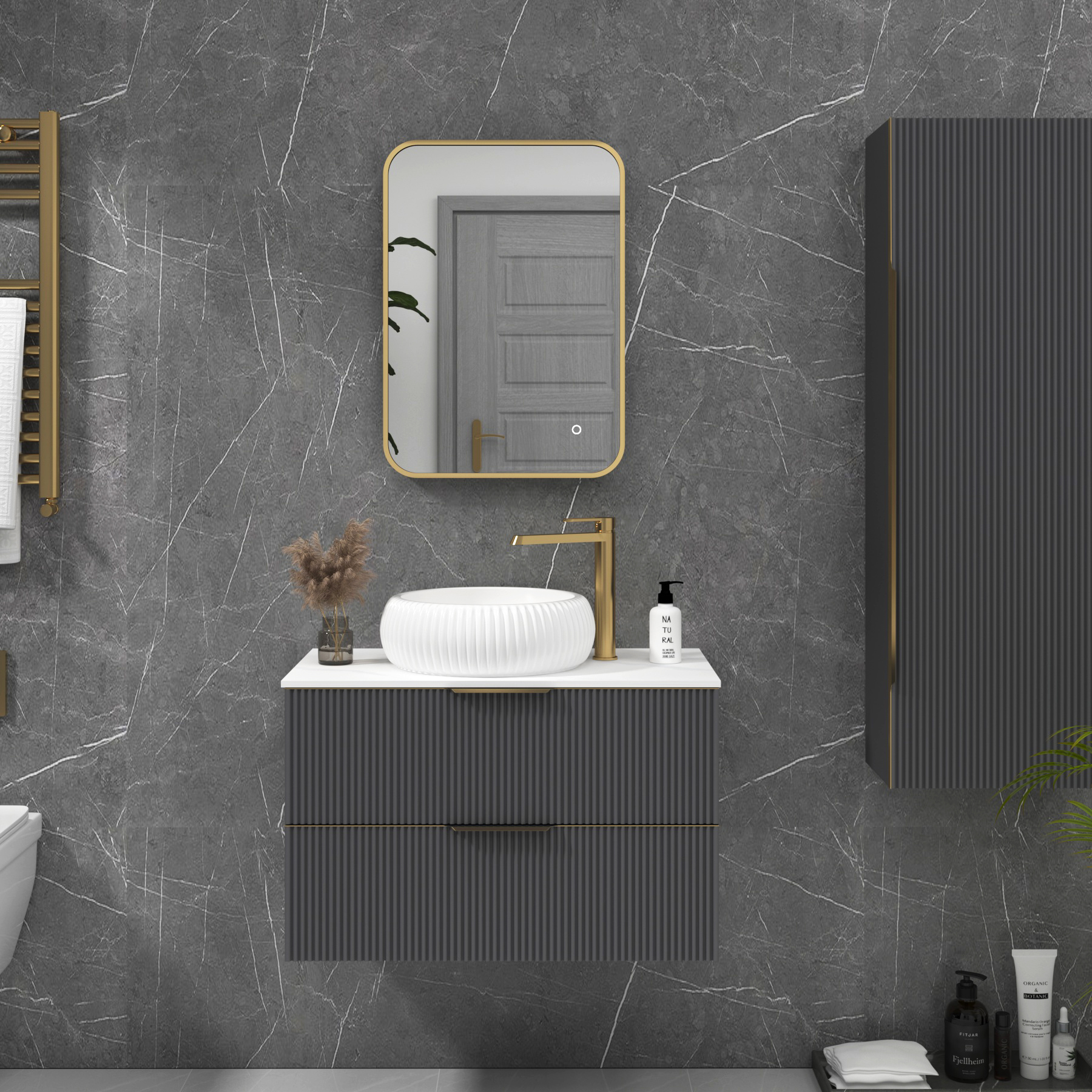 Luton Brushed Brass Backlit Framed LED Illuminated Rectangular Bathroom Mirror with Touch Sensor & Anti-Fog