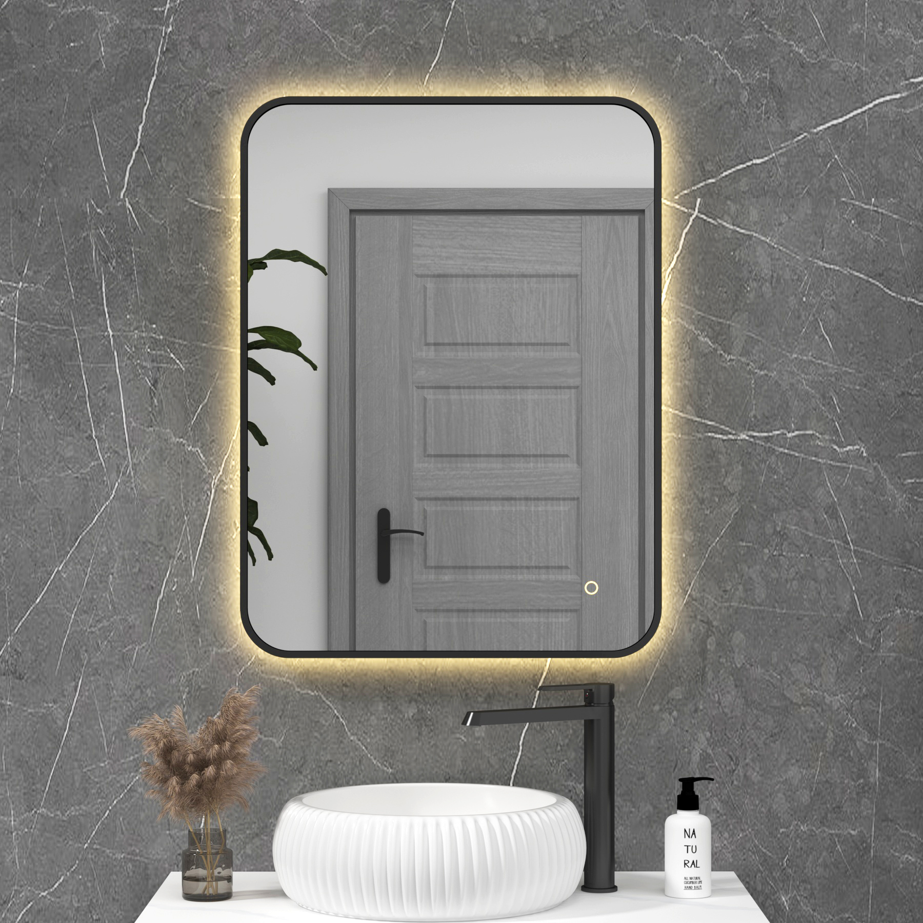 Luton Matt Black Backlit Framed LED Illuminated Rectangular Bathroom Mirror with Touch Sensor & Anti-Fog
