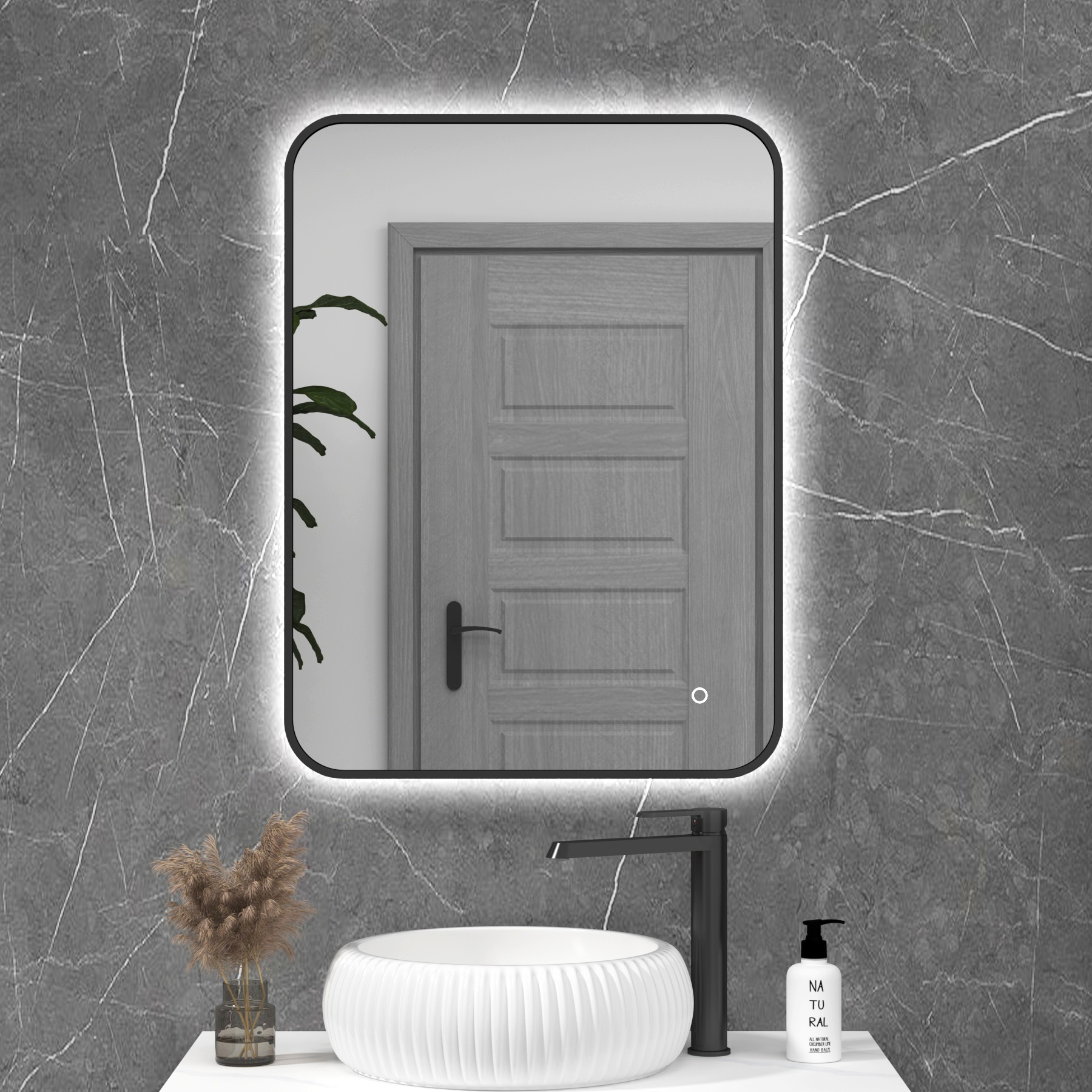 Luton Matt Black Backlit Framed LED Illuminated Rectangular Bathroom Mirror with Touch Sensor & Anti-Fog