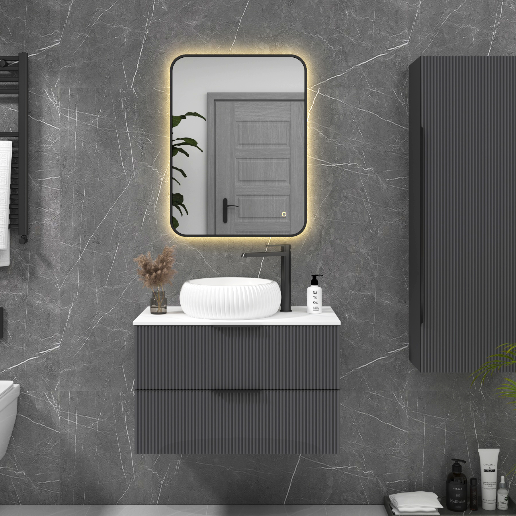 Luton Matt Black Backlit Framed LED Illuminated Rectangular Bathroom Mirror with Touch Sensor & Anti-Fog