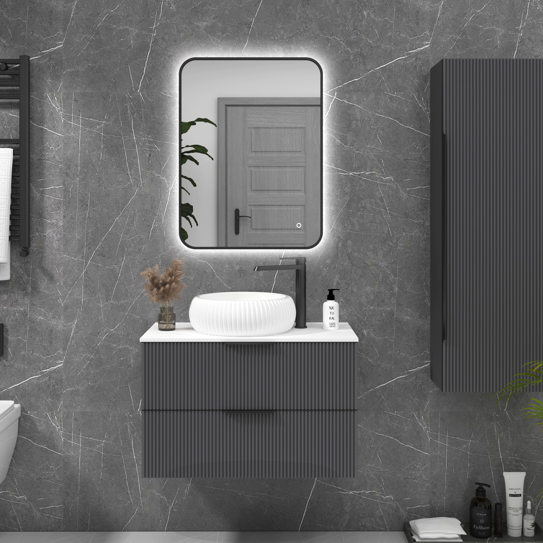 Luton Matt Black Backlit Framed LED Illuminated Rectangular Bathroom Mirror with Touch Sensor & Anti-Fog
