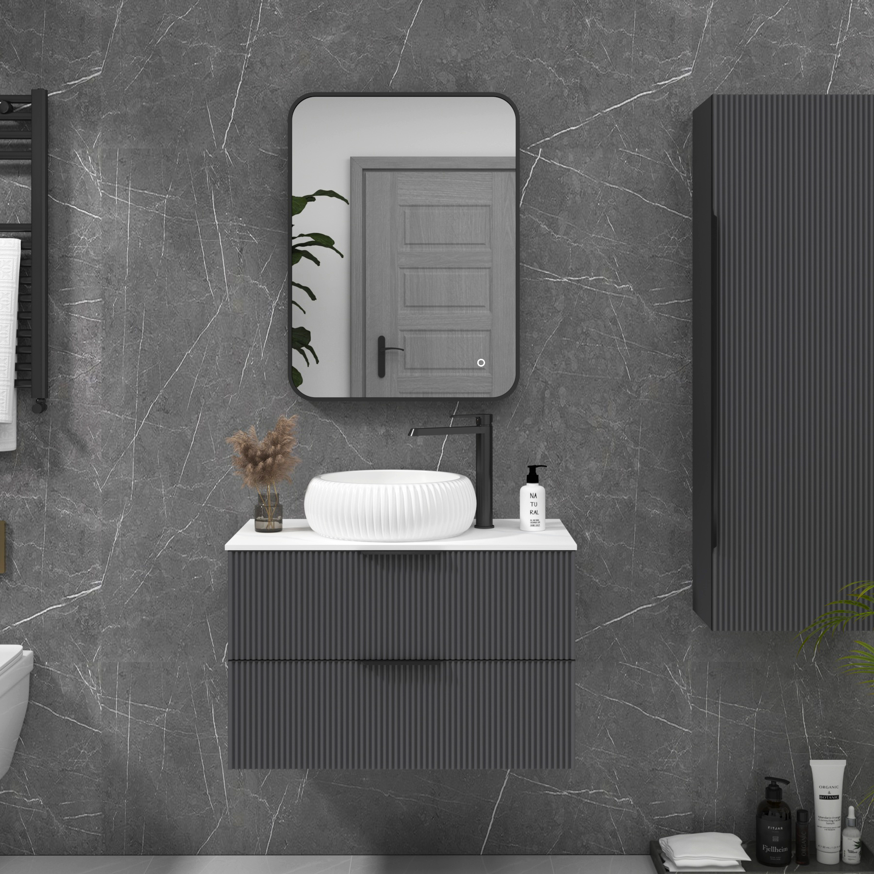 Luton Matt Black Backlit Framed LED Illuminated Rectangular Bathroom Mirror with Touch Sensor & Anti-Fog