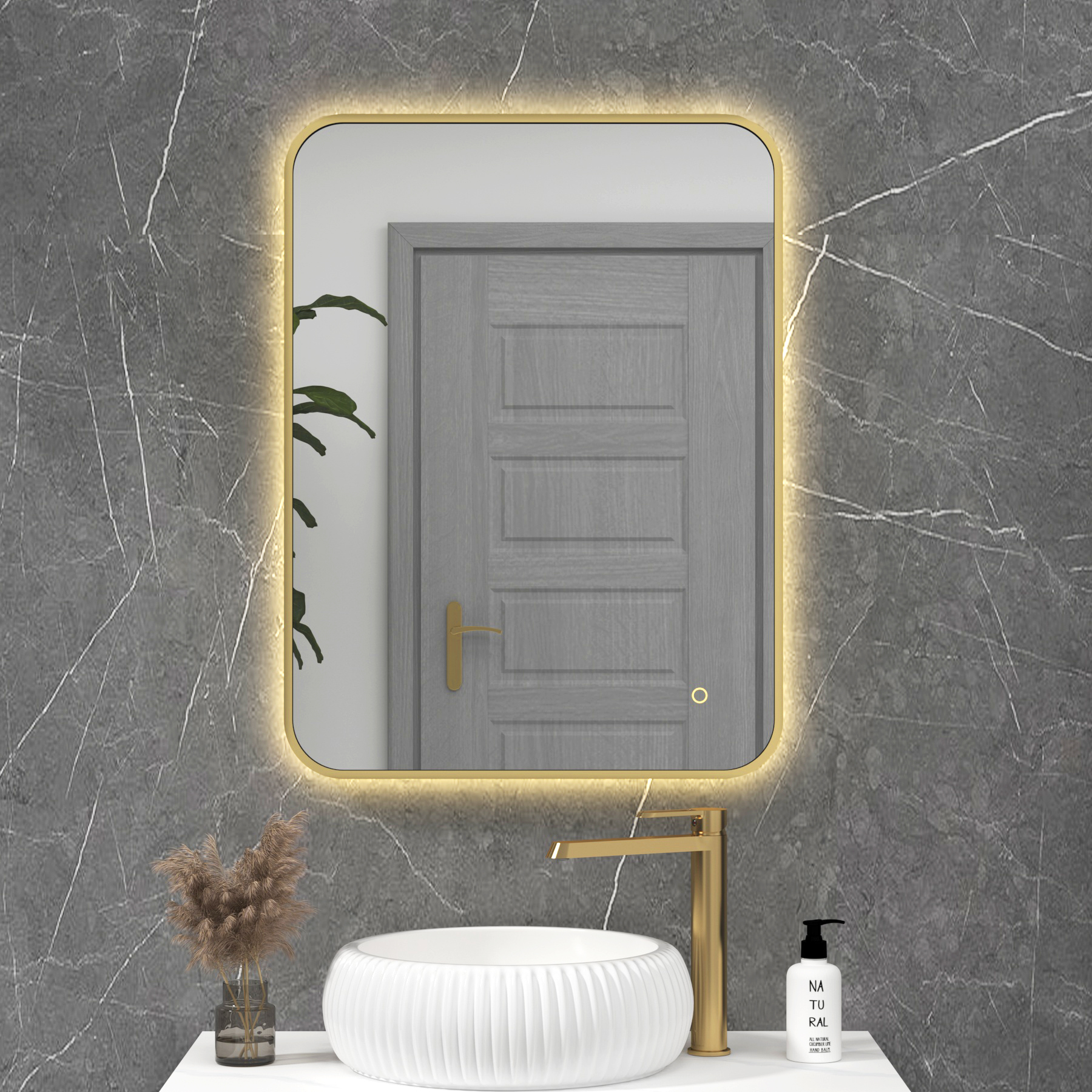 Luton Brushed Brass Backlit Framed LED Illuminated Rectangular Bathroom Mirror with Touch Sensor & Anti-Fog