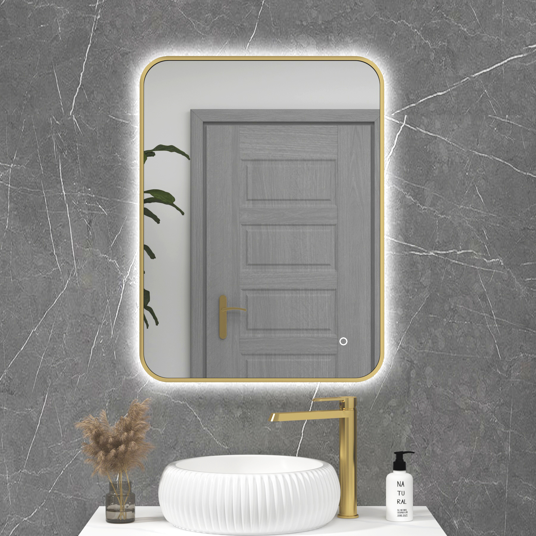 Luton 600 x 800mm Brushed Brass Backlit Framed LED Illuminated Rectangular Bathroom Mirror with Touch Sensor & Anti-Fog