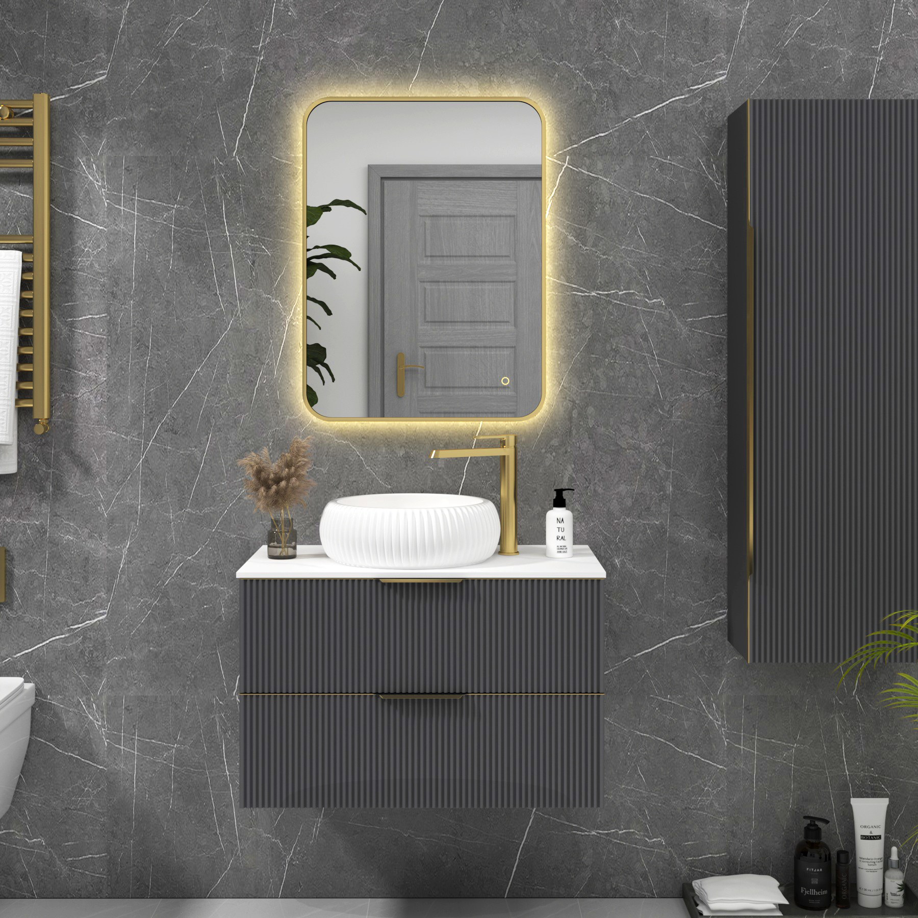 Luton 600 x 800mm Brushed Brass Backlit Framed LED Illuminated Rectangular Bathroom Mirror with Touch Sensor & Anti-Fog