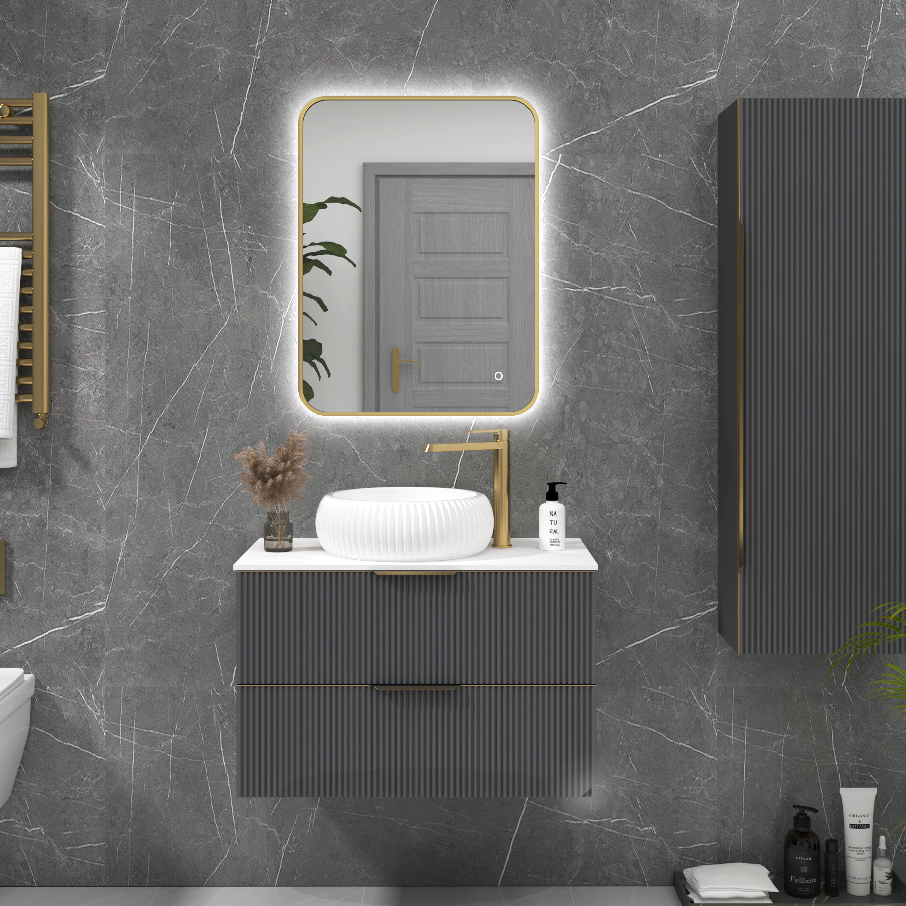 Luton 600 x 800mm Brushed Brass Backlit Framed LED Illuminated Rectangular Bathroom Mirror with Touch Sensor & Anti-Fog