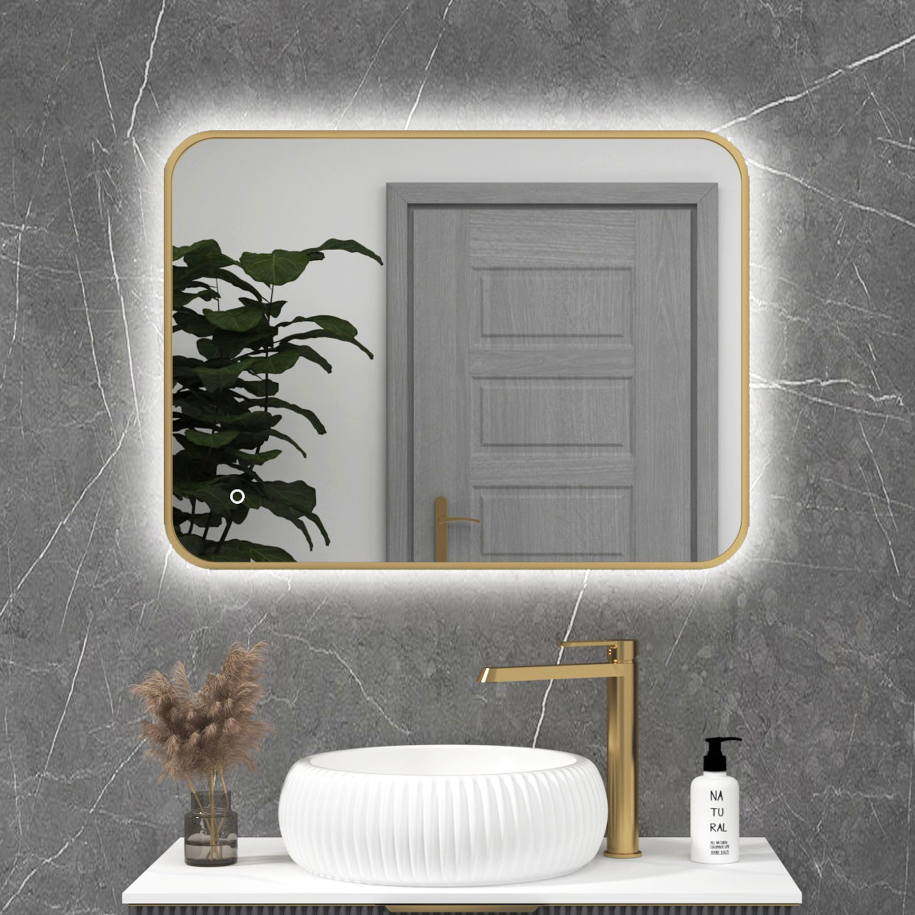 Luton Brushed Brass Backlit Framed LED Illuminated Rectangular Bathroom Mirror with Touch Sensor & Anti-Fog