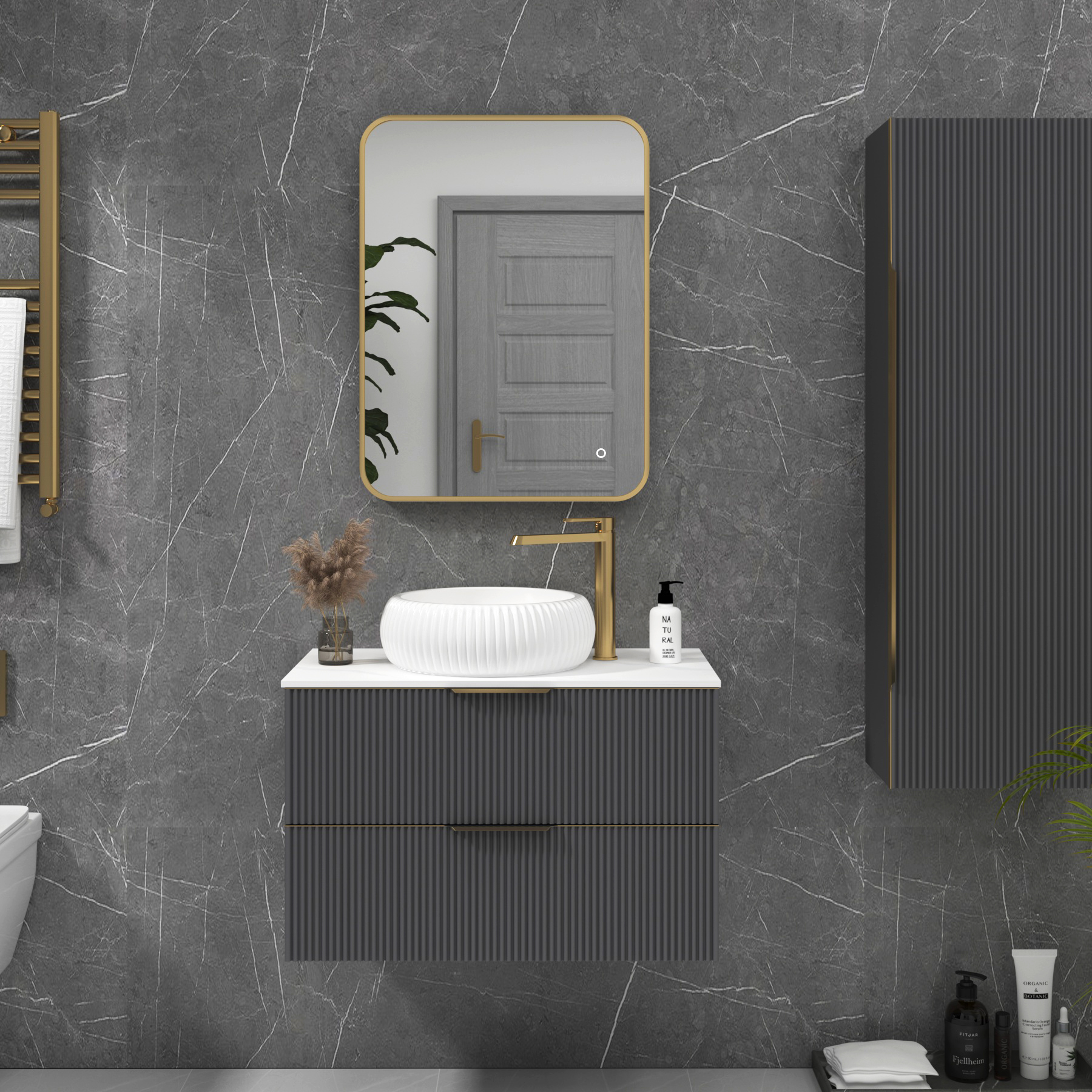 Luton 600 x 800mm Brushed Brass Backlit Framed LED Illuminated Rectangular Bathroom Mirror with Touch Sensor & Anti-Fog