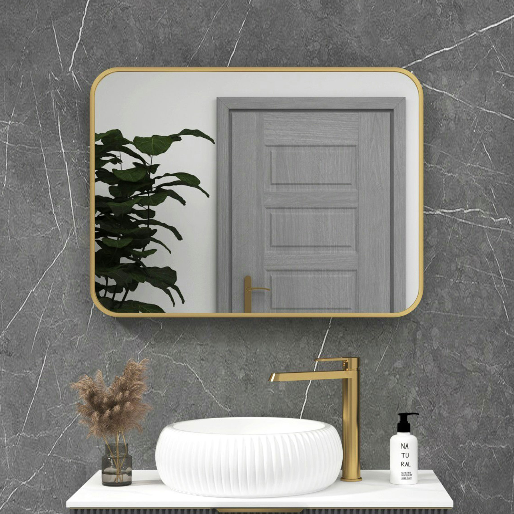Elmore Brushed Brass Framed Bathroom Mirror Rectangular Minimalist Design
