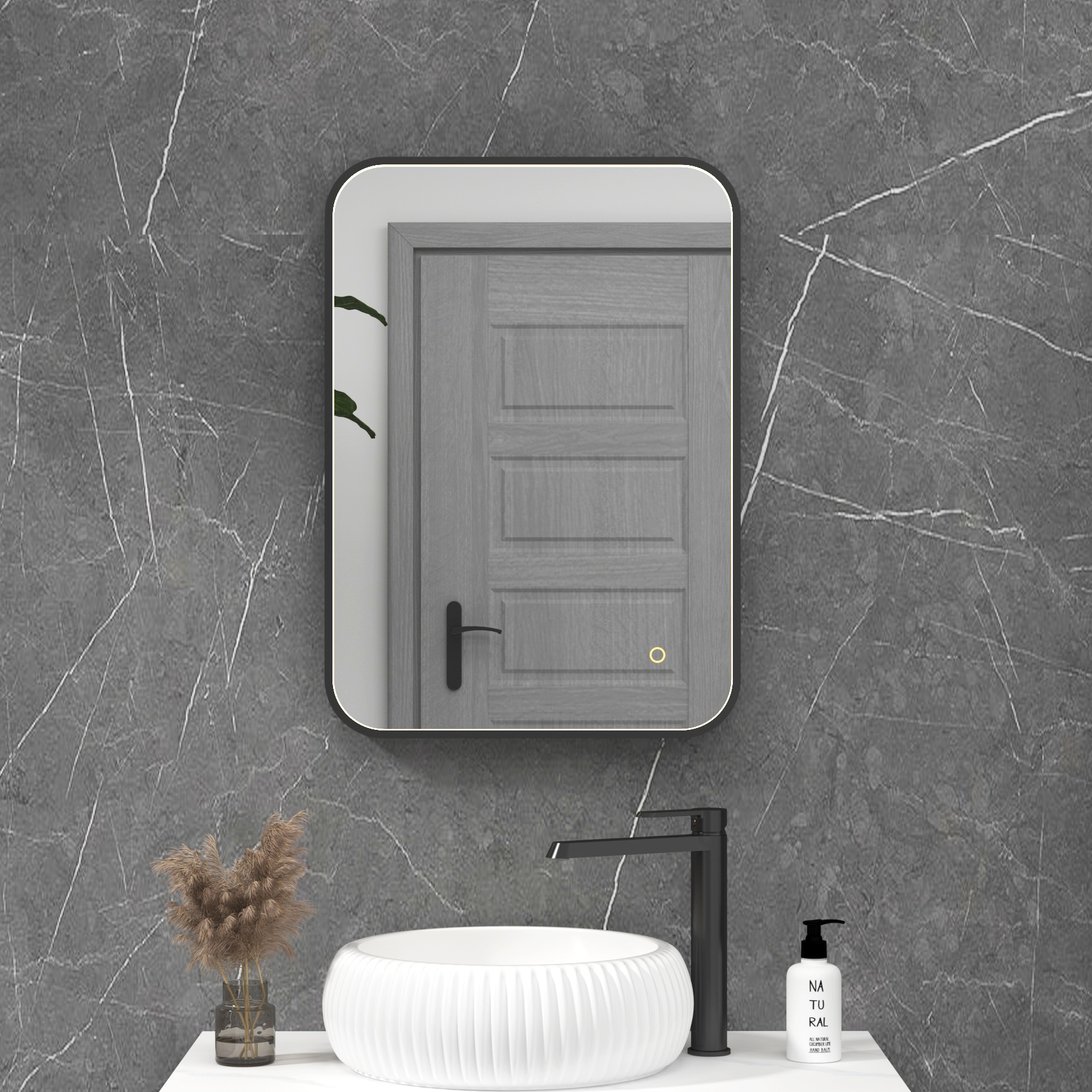 Luxor Matt Black Framed Rectangular Mirror Within Frame LED, Touch Sensor & Demister Pad