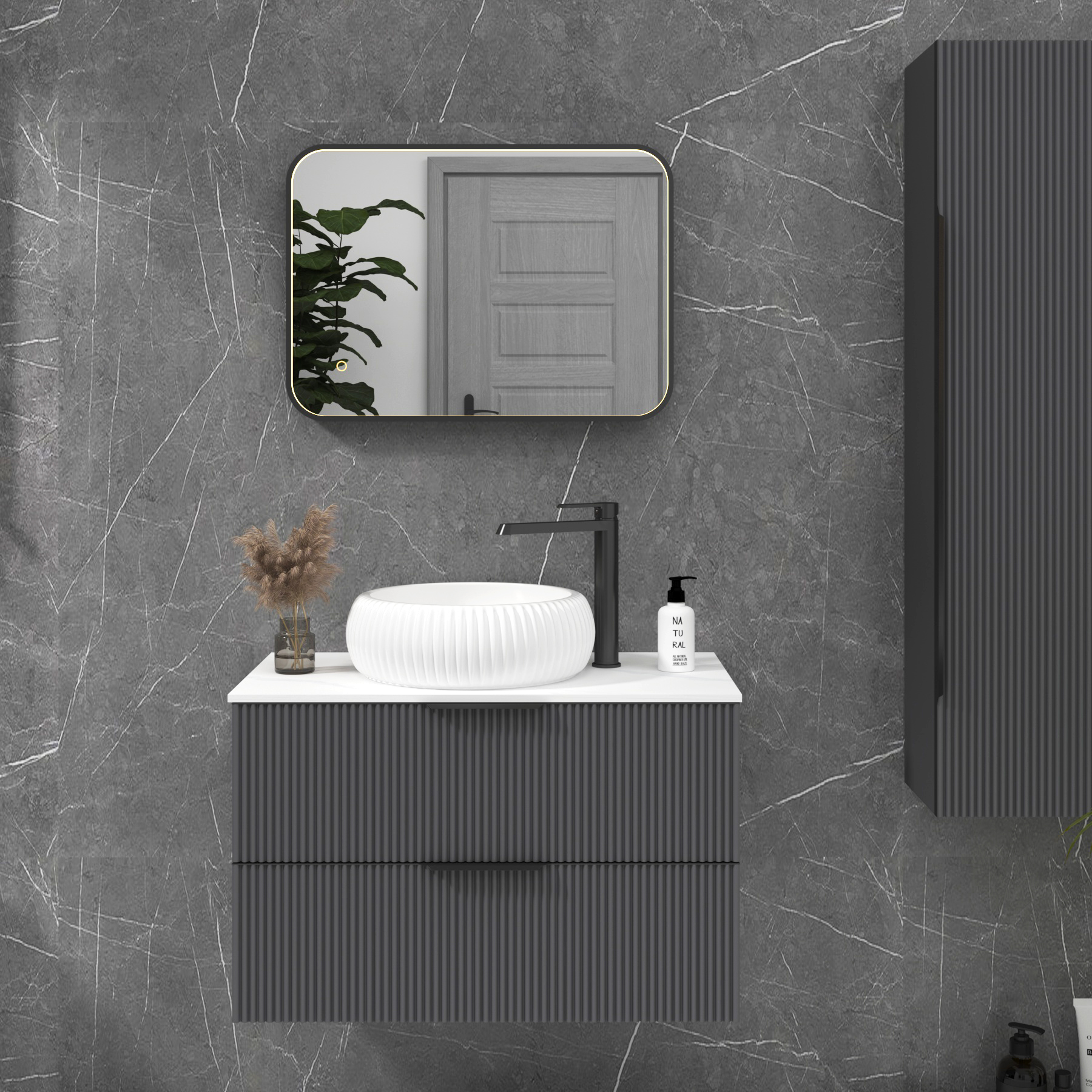 Luxor 500 x 700mm Matt Black Framed Rectangular Mirror Within Frame LED, Touch Sensor & Demister Pad