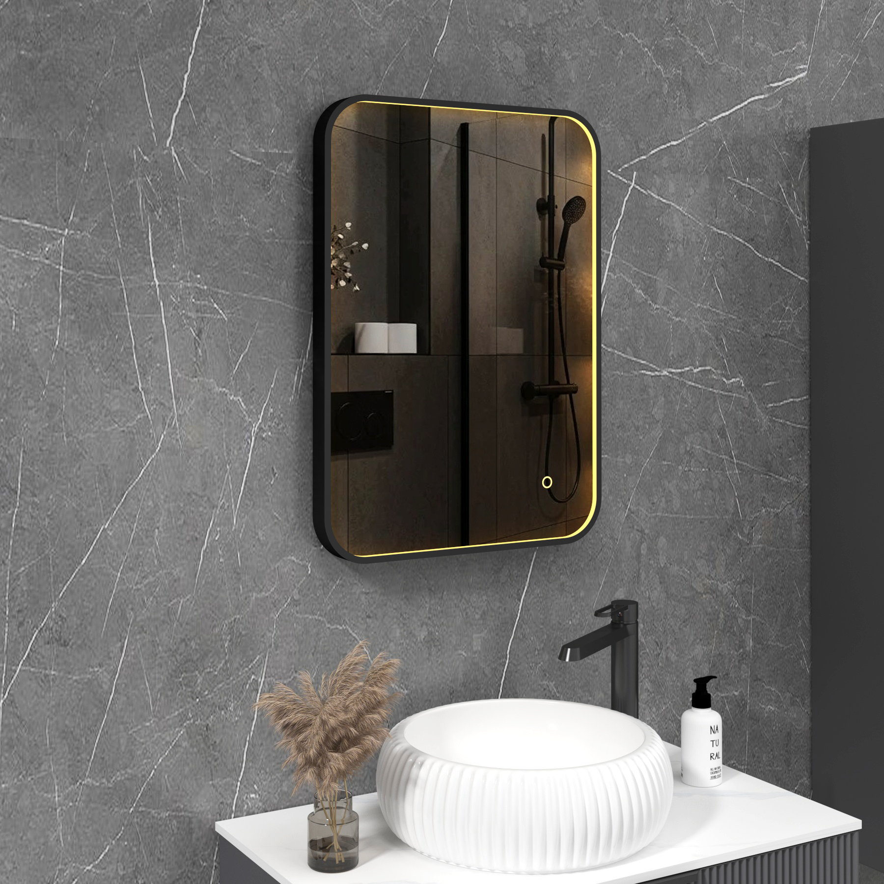 Luxor 500 x 700mm Matt Black Framed Rectangular Mirror Within Frame LED, Touch Sensor & Demister Pad