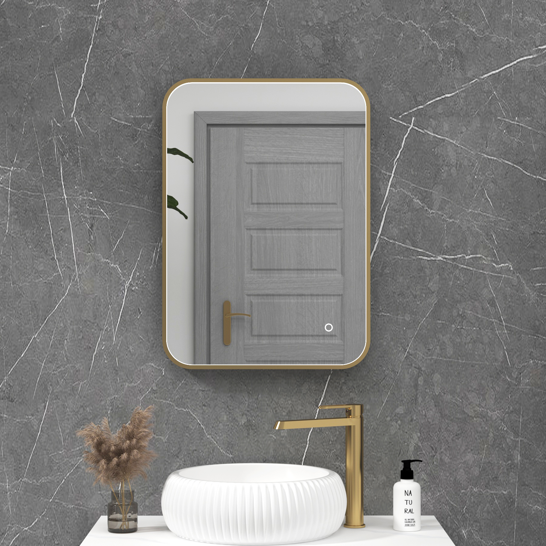 Luxor 500 x 700mm Brushed Brass Framed Rectangular Mirror Within Frame LED, Touch Sensor & Demister Pad