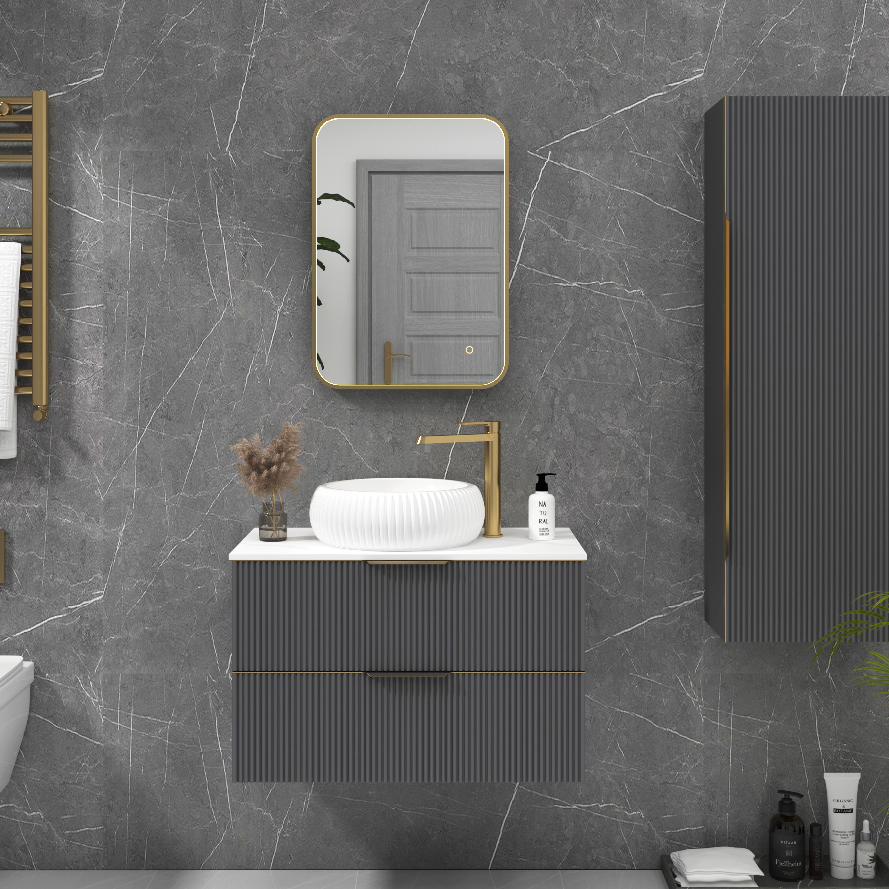 Luxor 500 x 700mm Brushed Brass Framed Rectangular Mirror Within Frame LED, Touch Sensor & Demister Pad