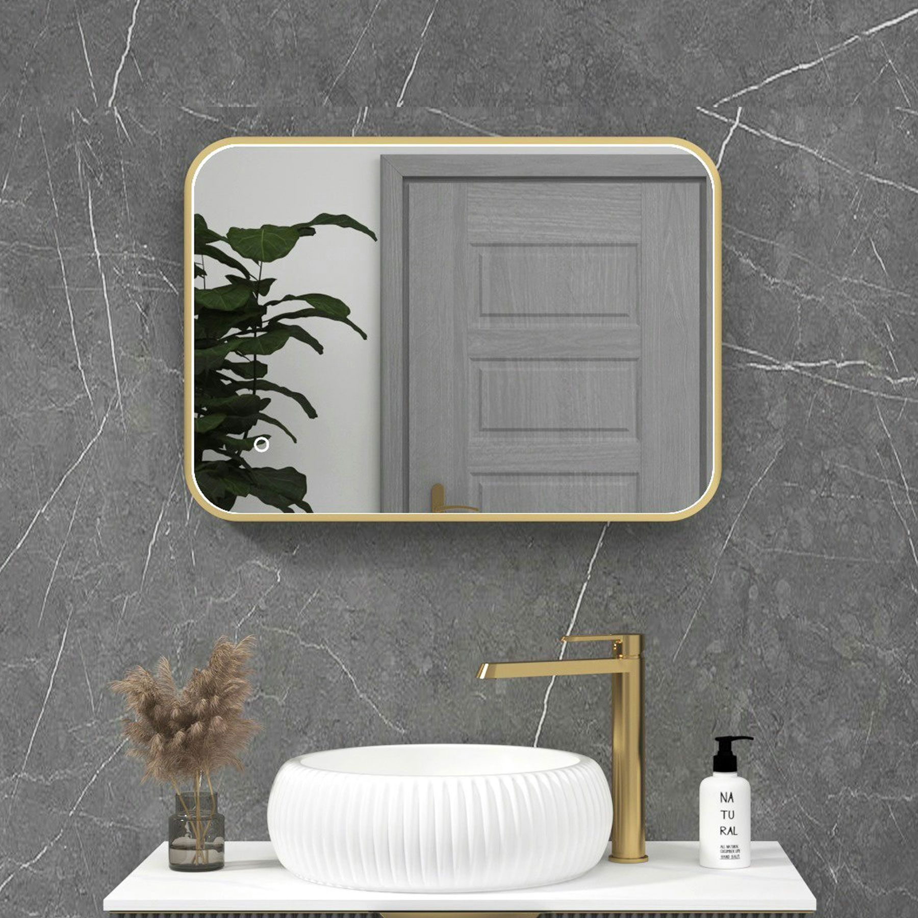 Luxor 500 x 700mm Brushed Brass Framed Rectangular Mirror Within Frame LED, Touch Sensor & Demister Pad
