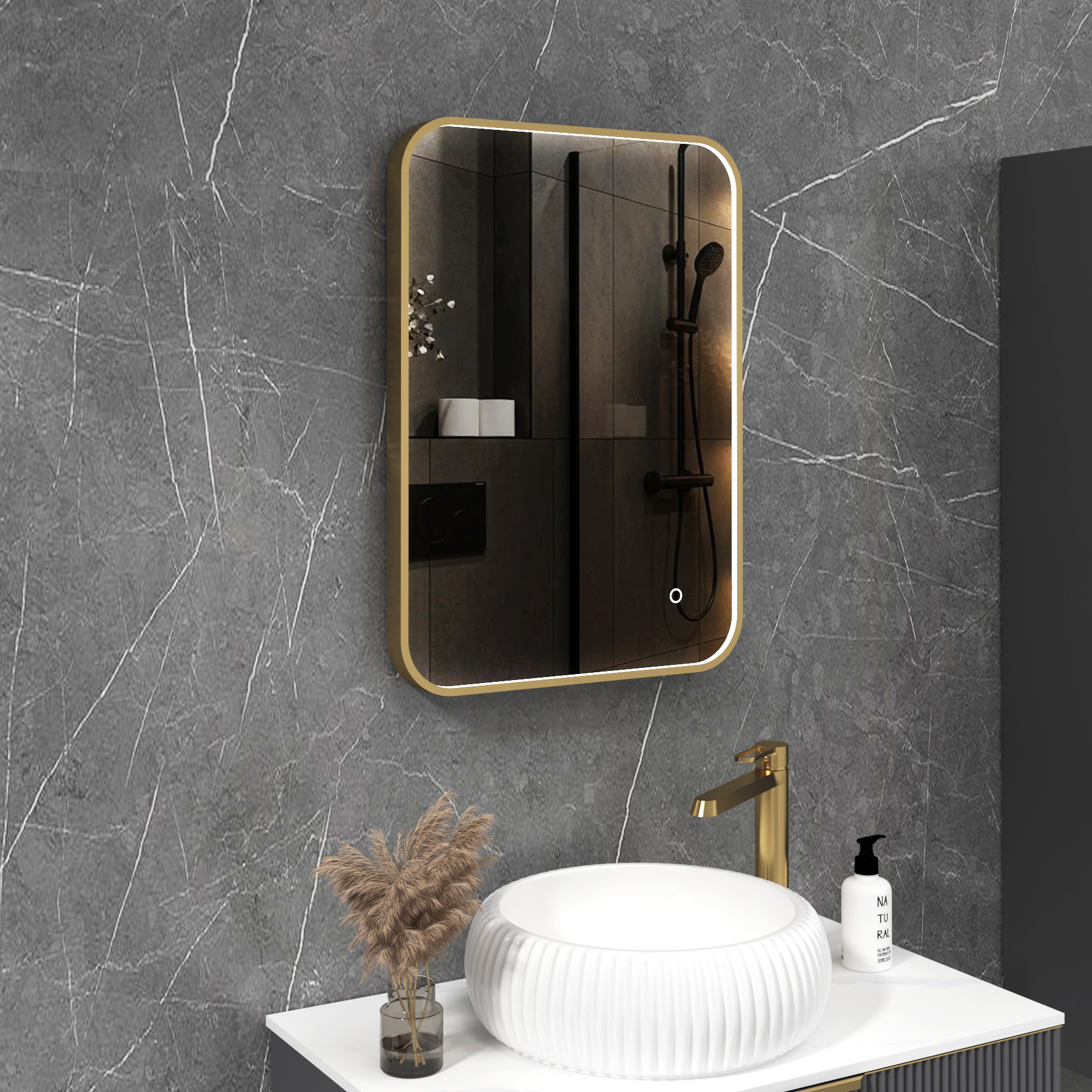 Luxor 500 x 700mm Brushed Brass Framed Rectangular Mirror Within Frame LED, Touch Sensor & Demister Pad