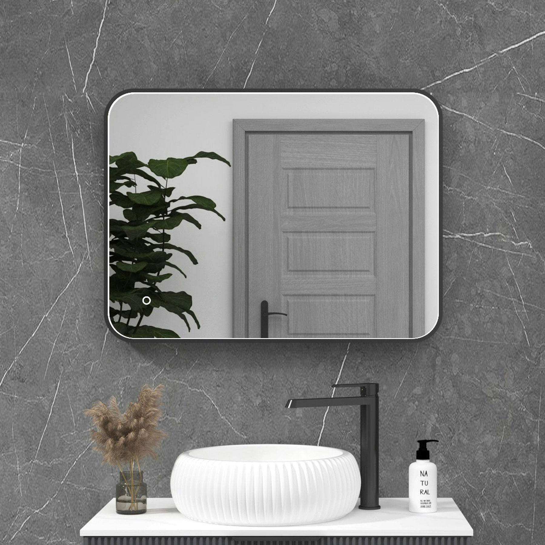 Luxor Matt Black Framed Rectangular Mirror Within Frame LED, Touch Sensor & Demister Pad